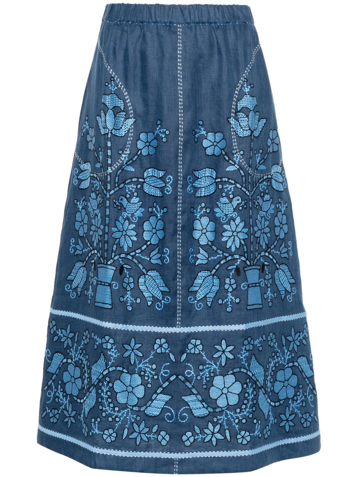 floral-embroidered linen midi skirt