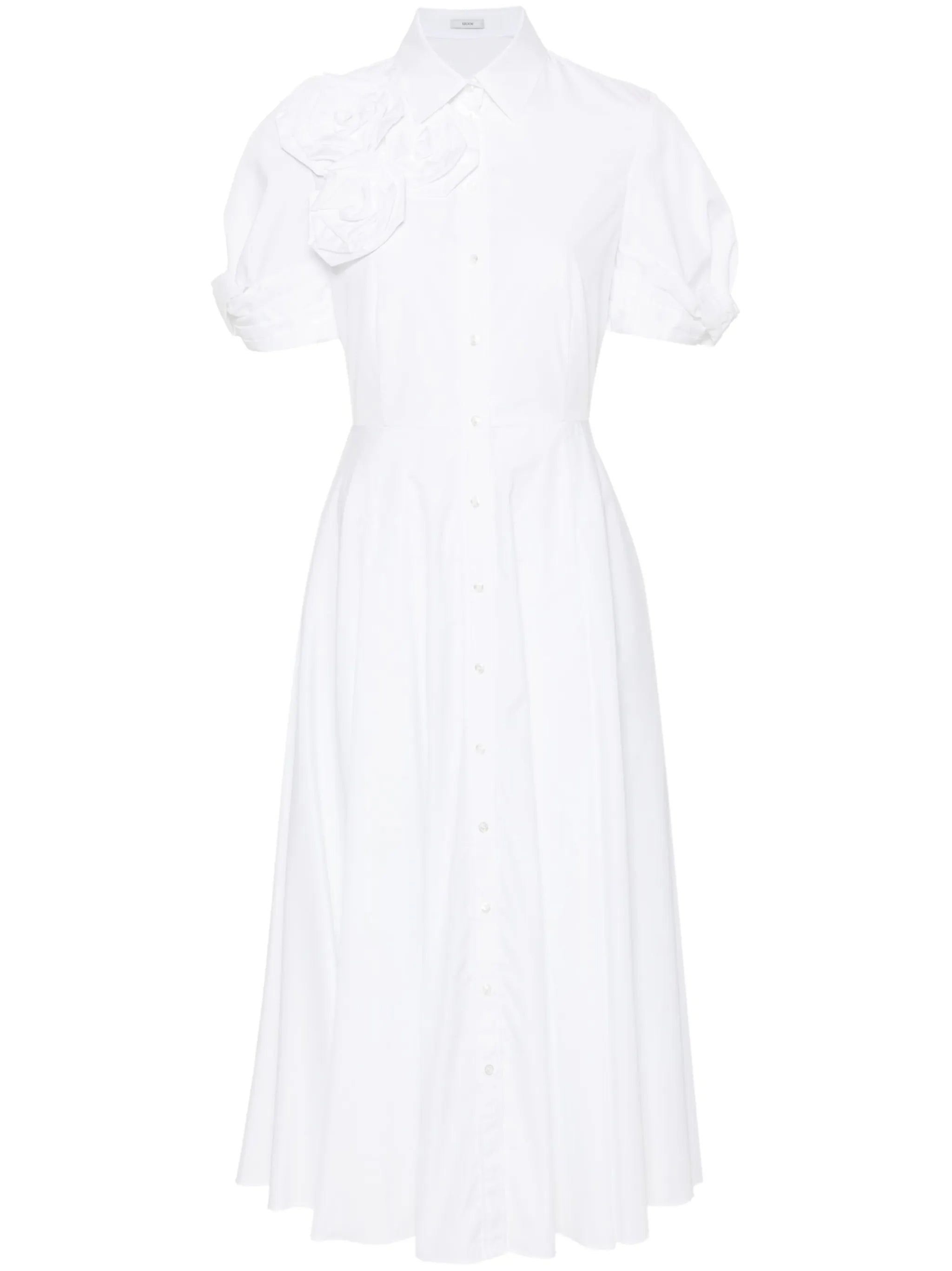 rose-appliqué midi shirt dress