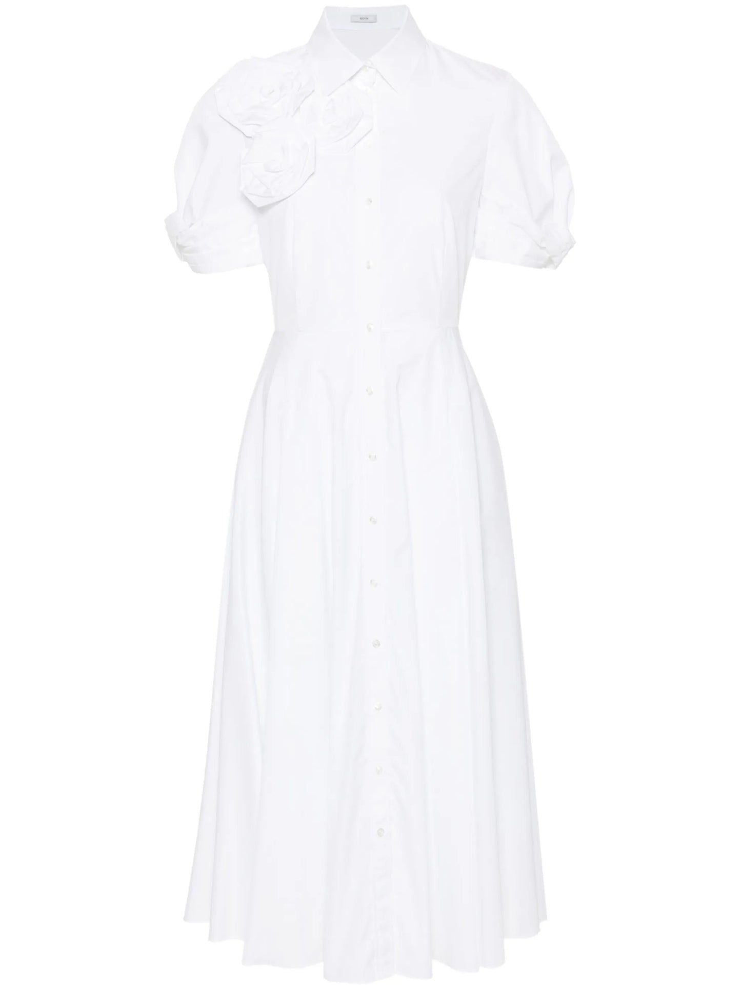 rose-appliqué midi shirt dress