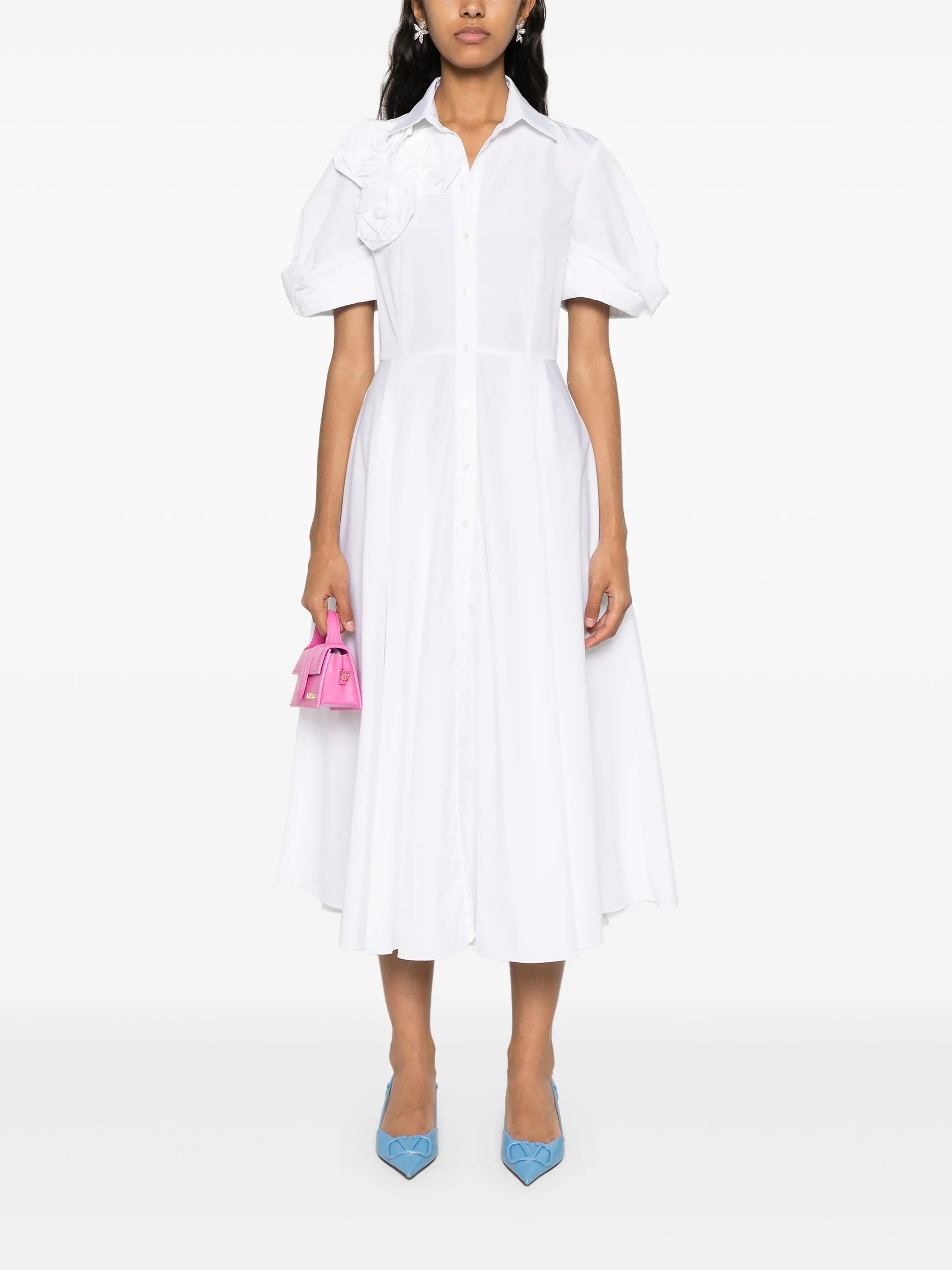 rose-appliqué midi shirt dress