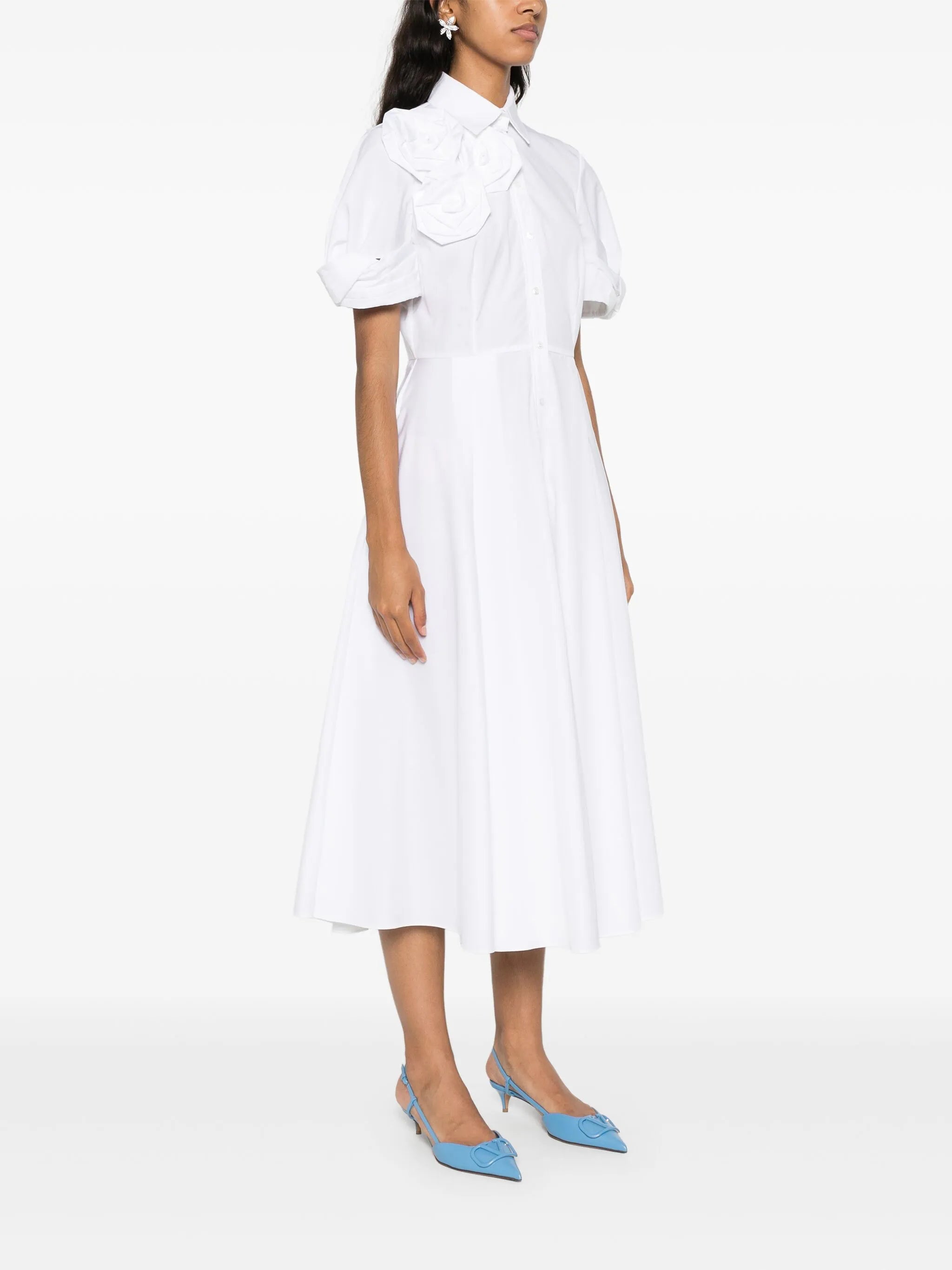 rose-appliqué midi shirt dress