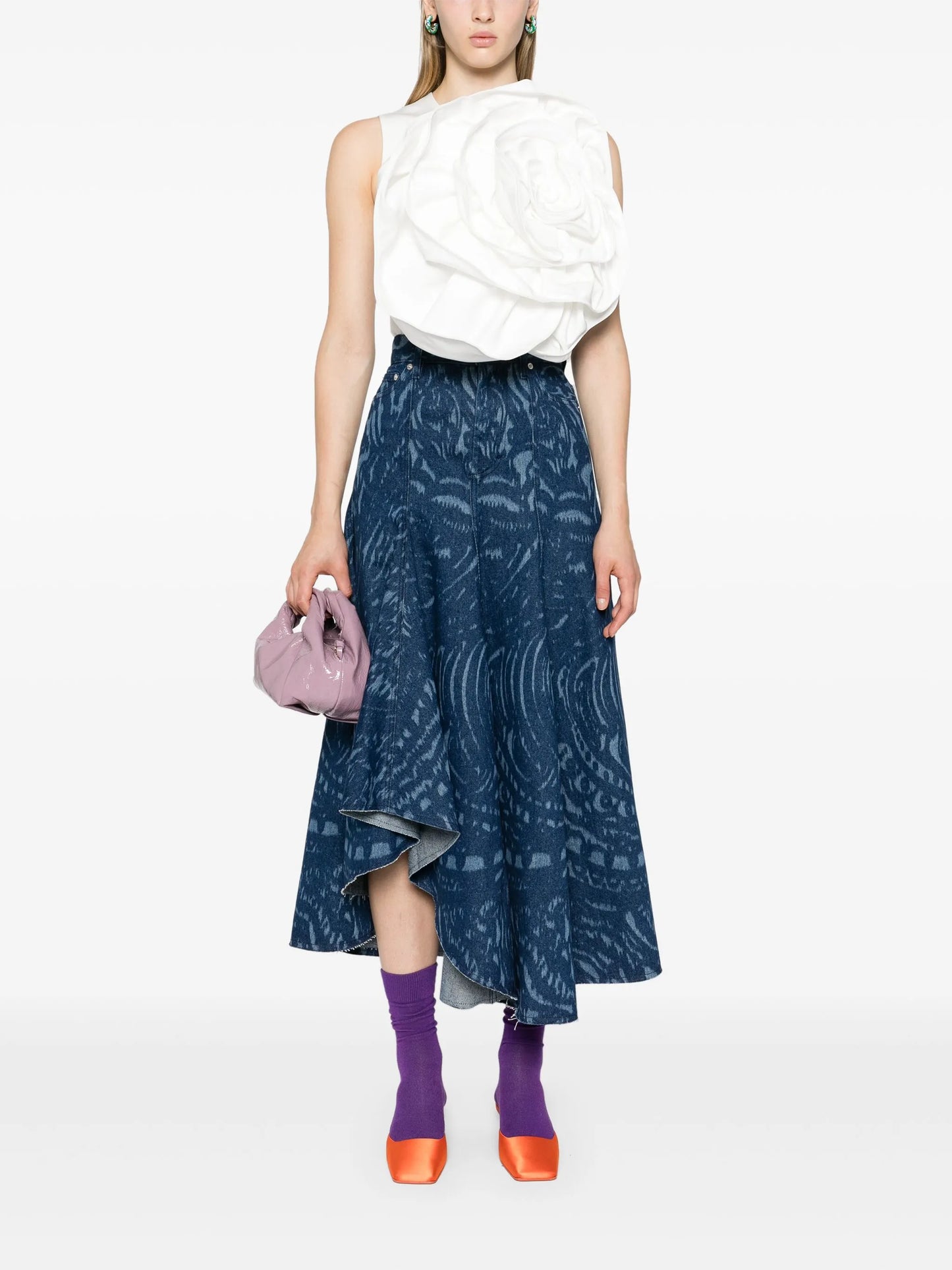 graphic-print pleated denim skirt