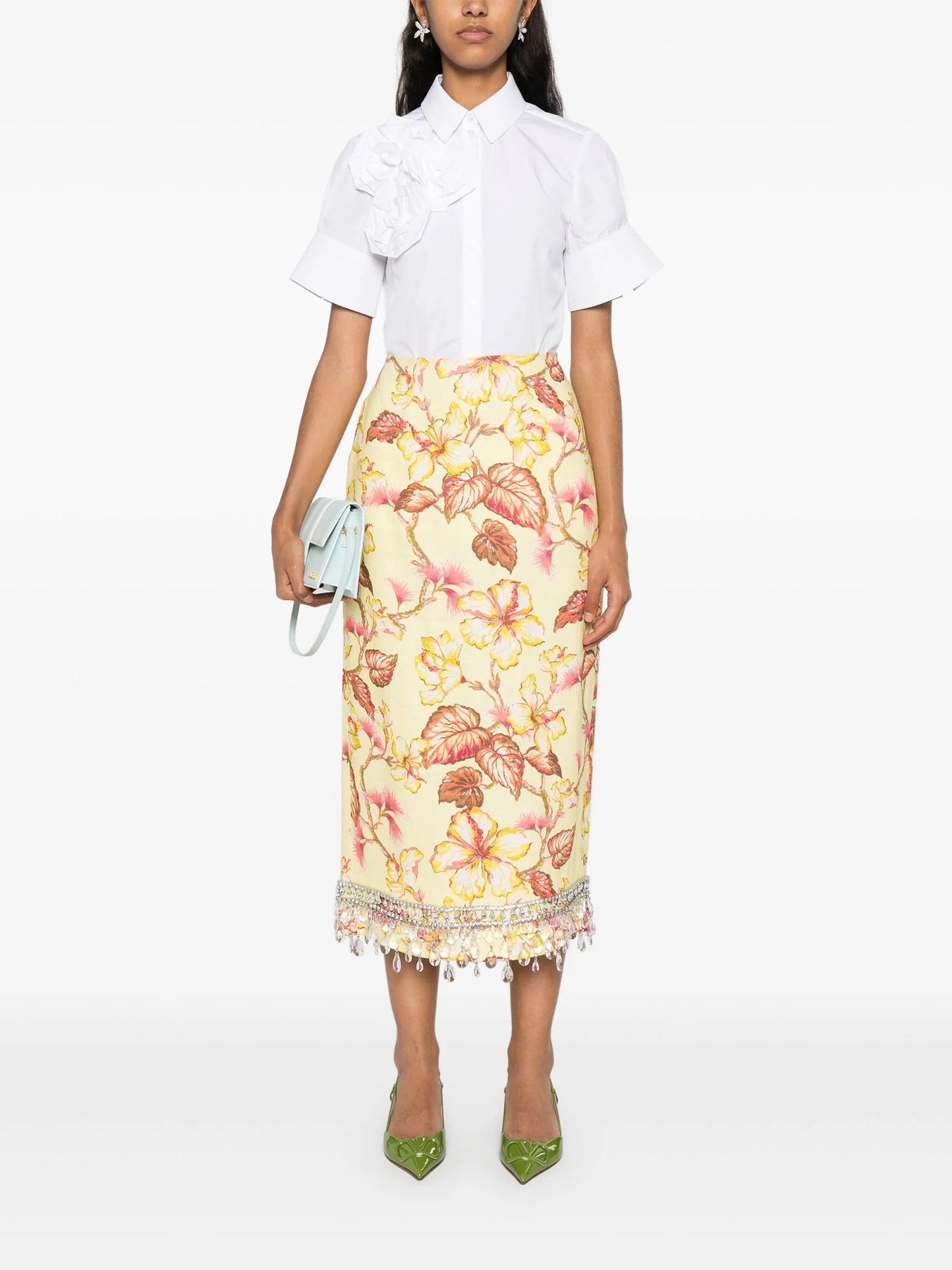 rose-appliqué cotton shirt