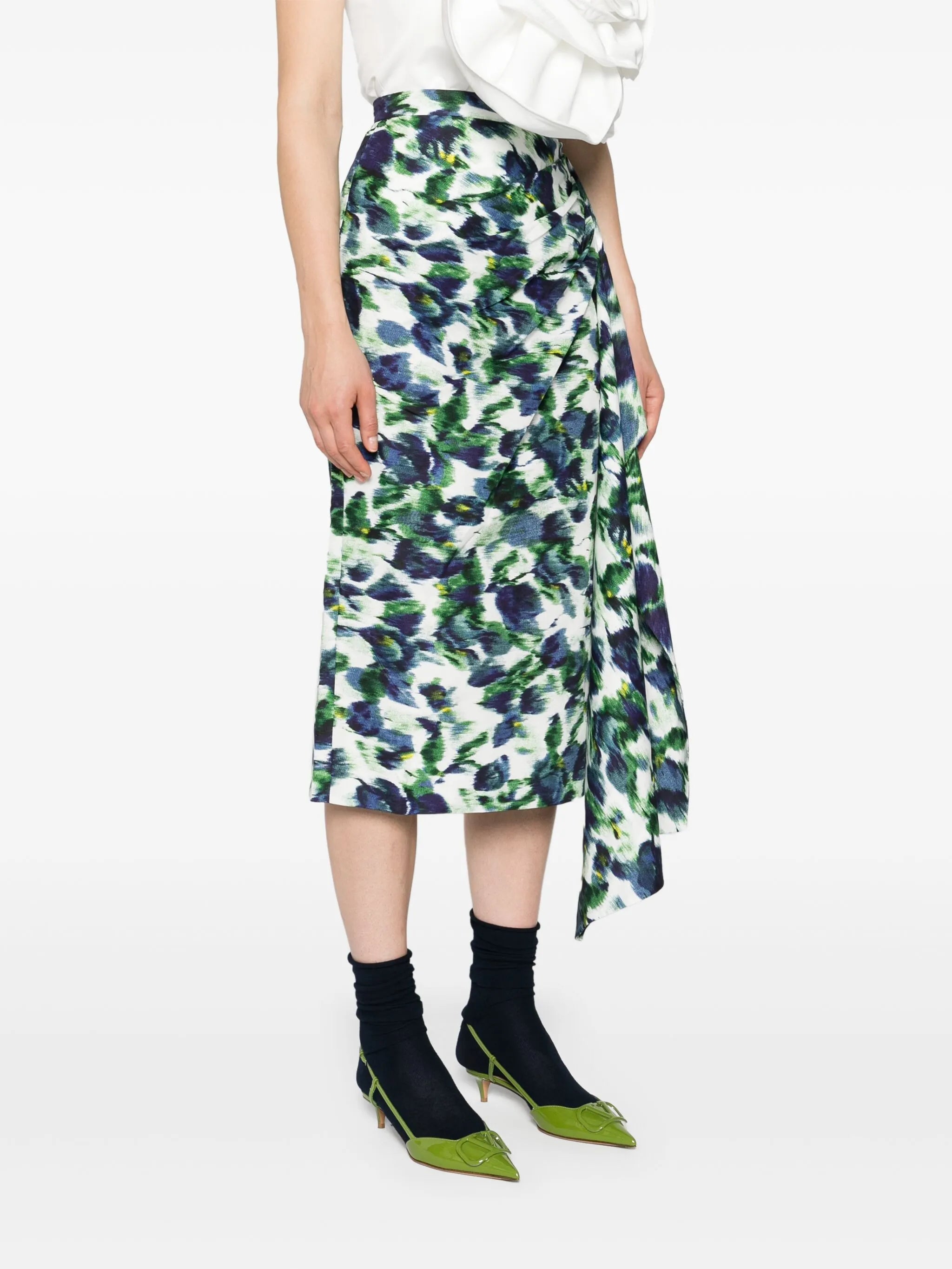 floral-print draped midi skirt