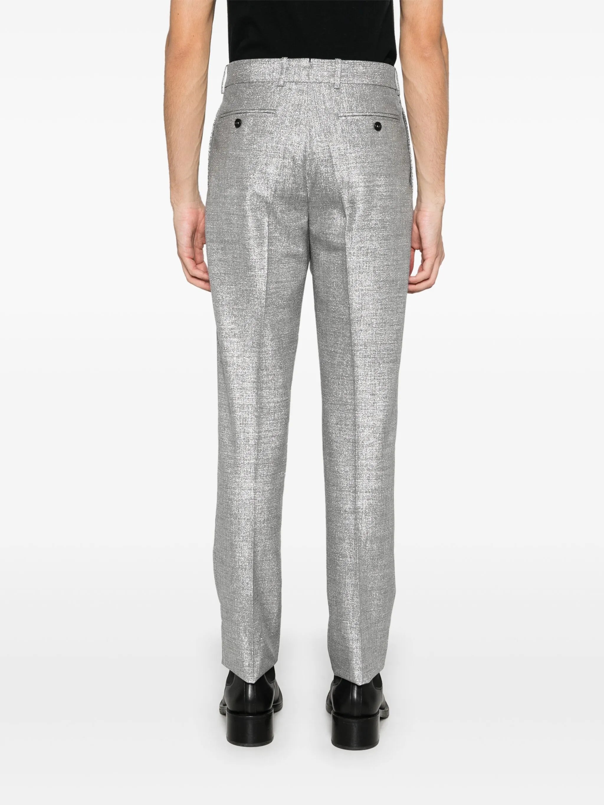 metallic-finish trousers