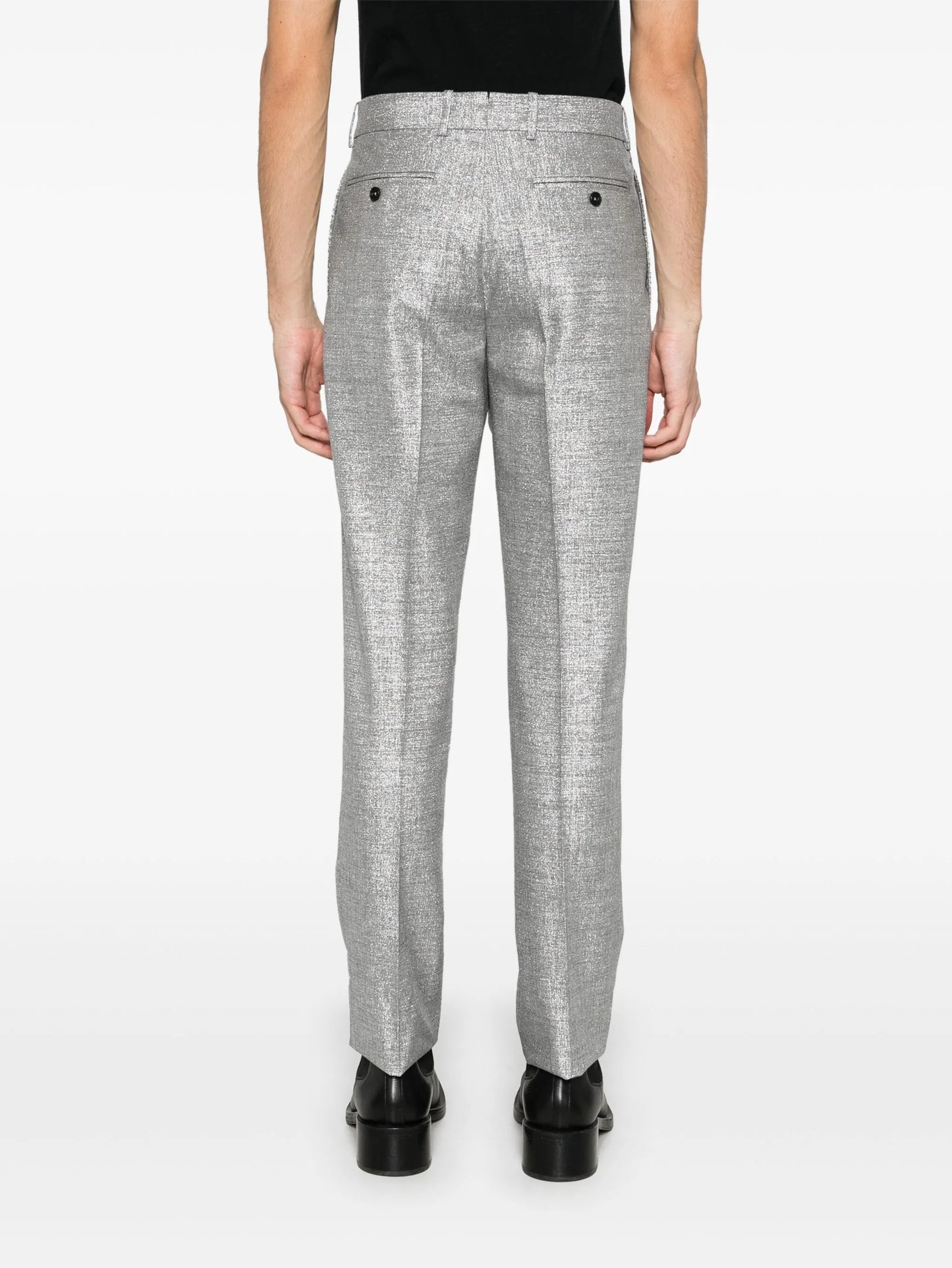 metallic-finish trousers