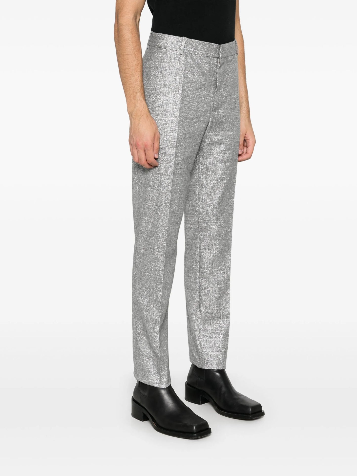 metallic-finish trousers