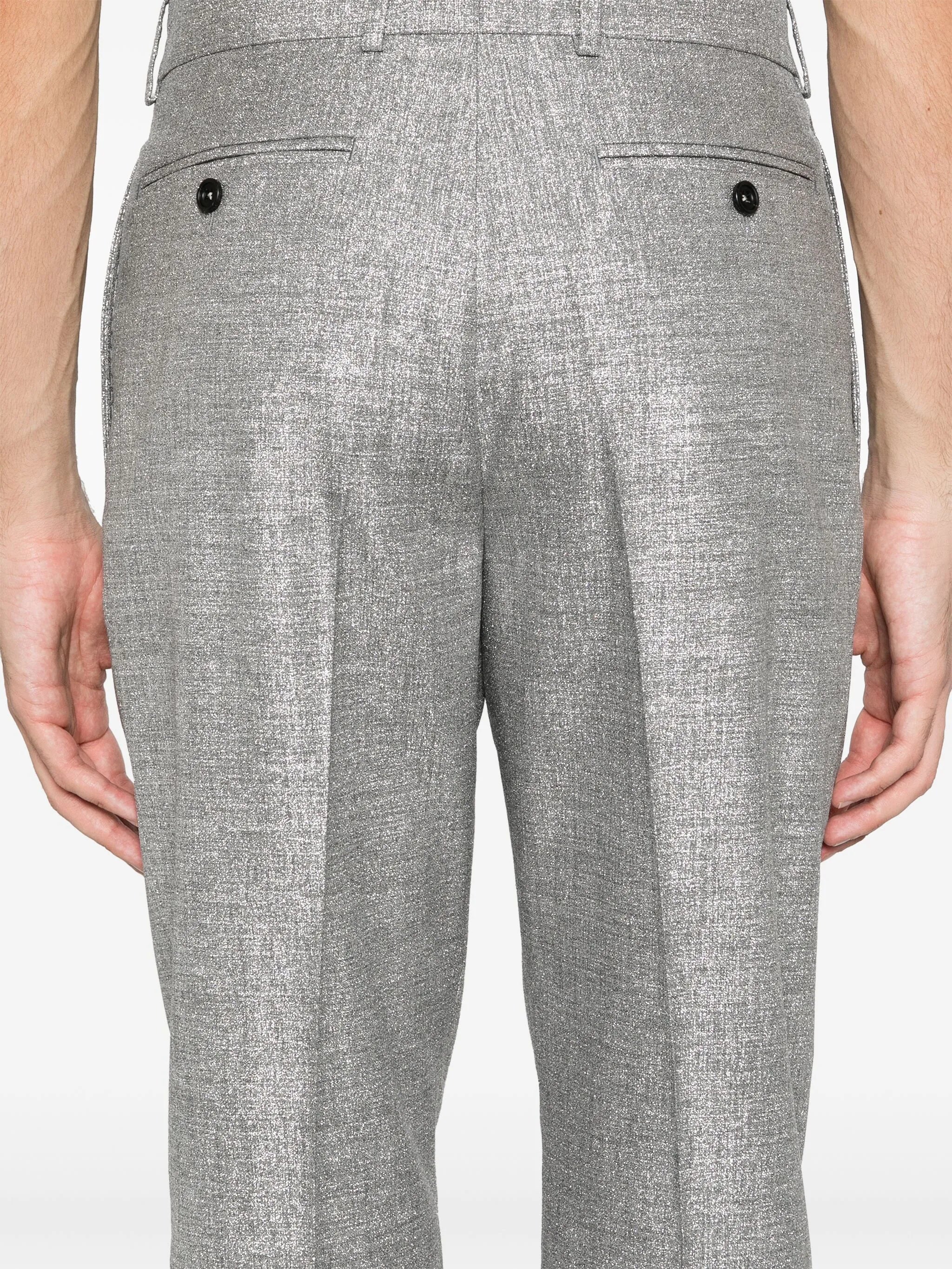 metallic-finish trousers