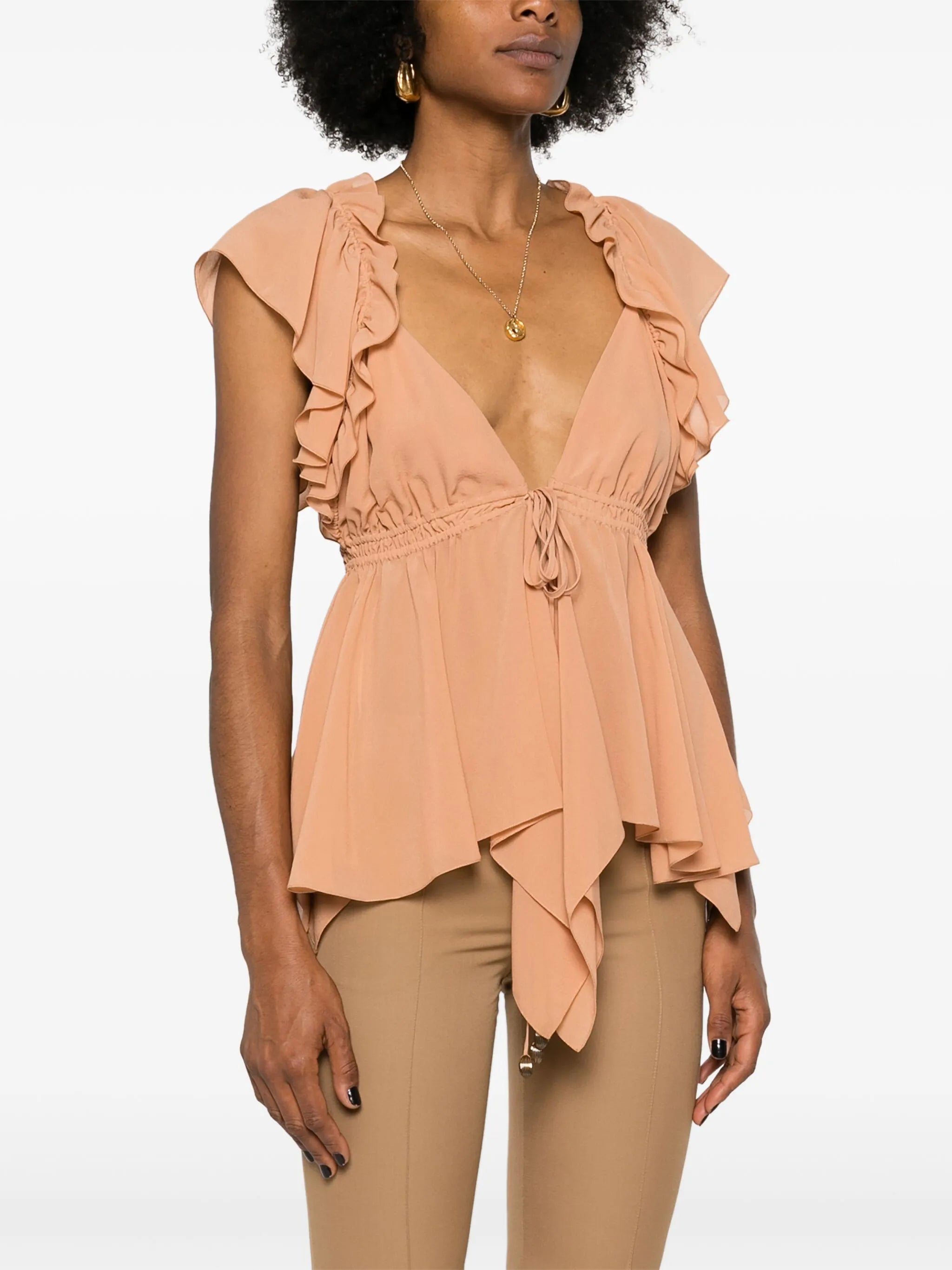 ruffled sleeveless silk blouse