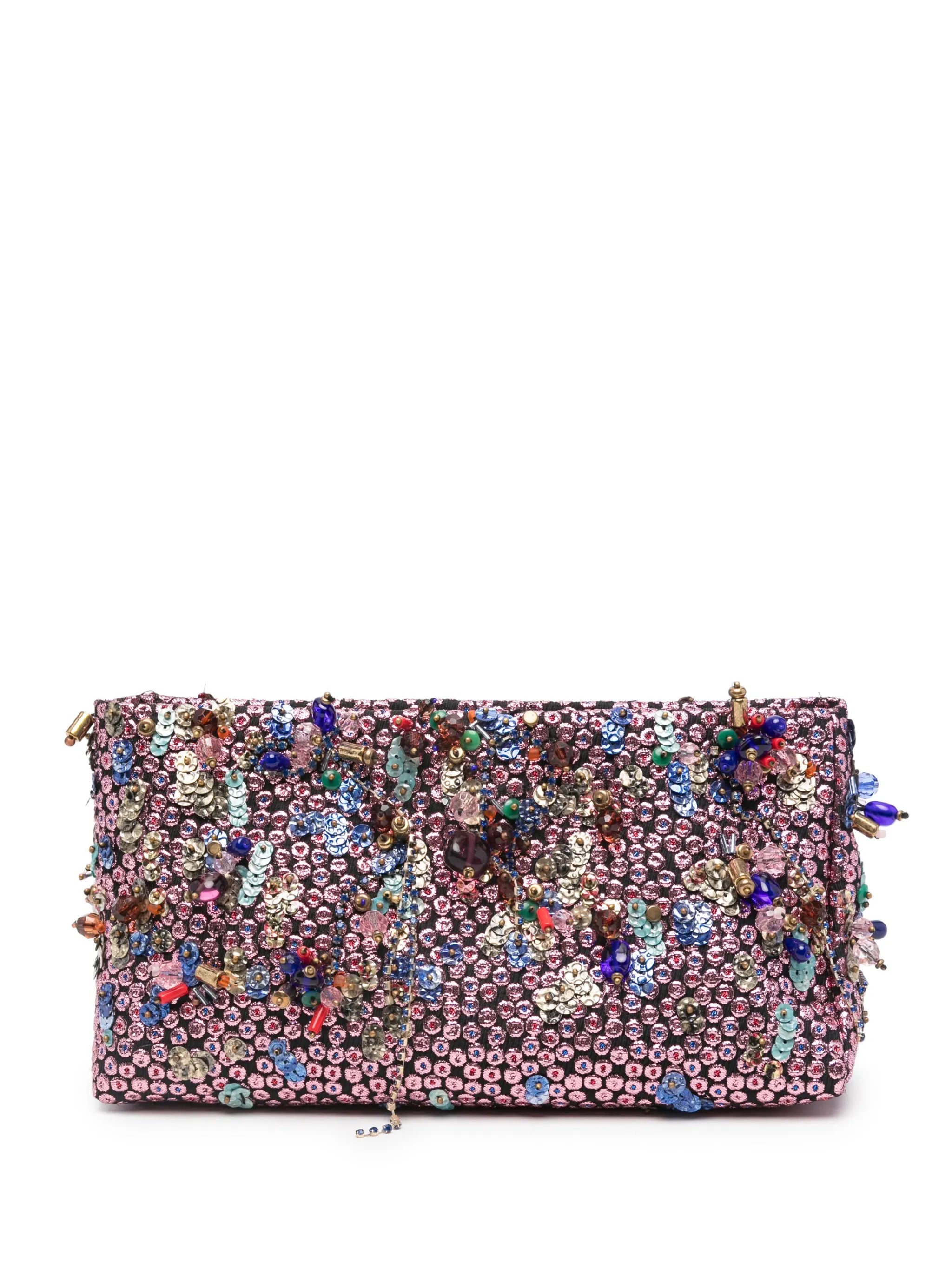 brocade-effect clutch bag