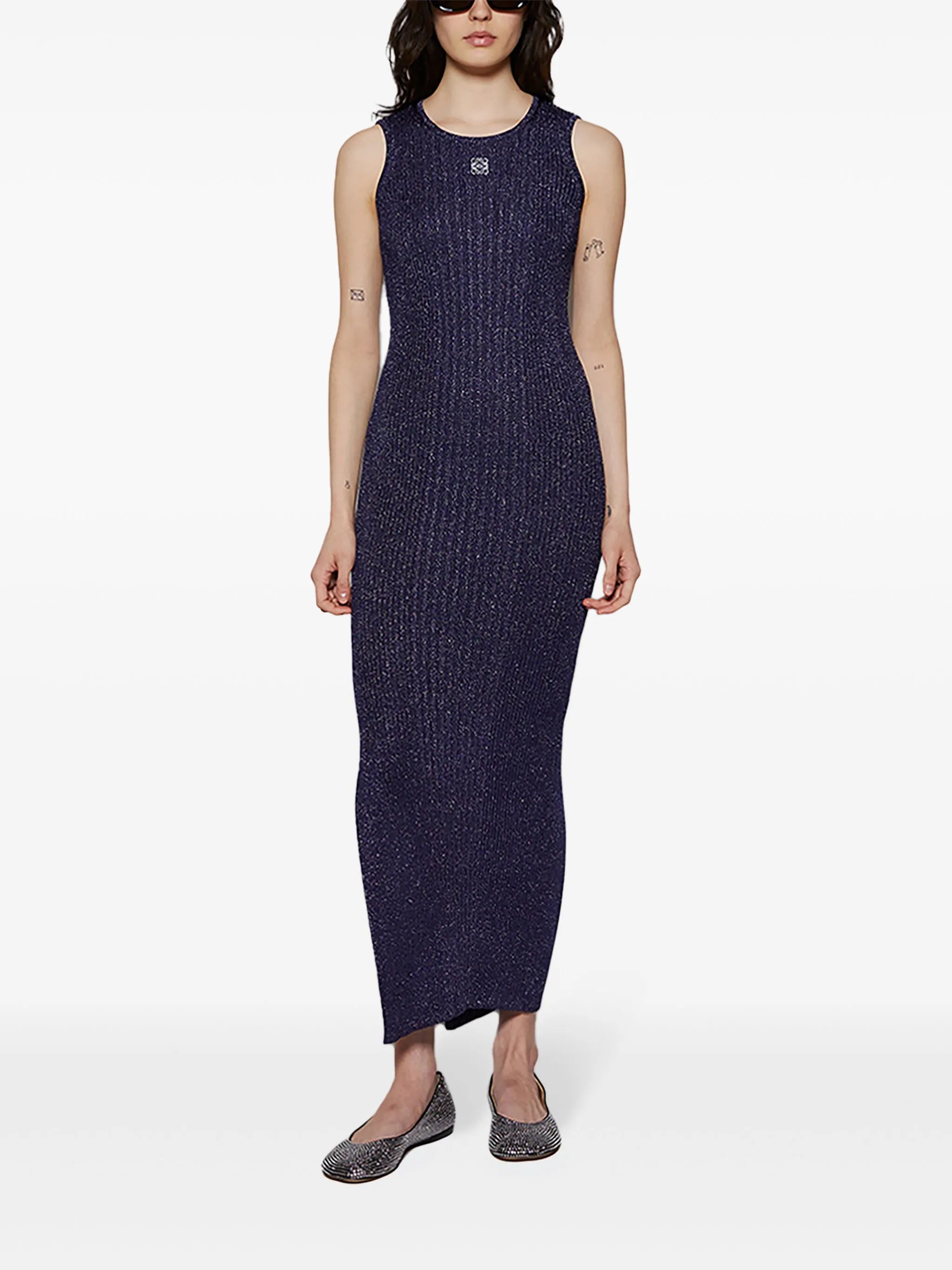 Anagram-embroidered ribbed maxi dress