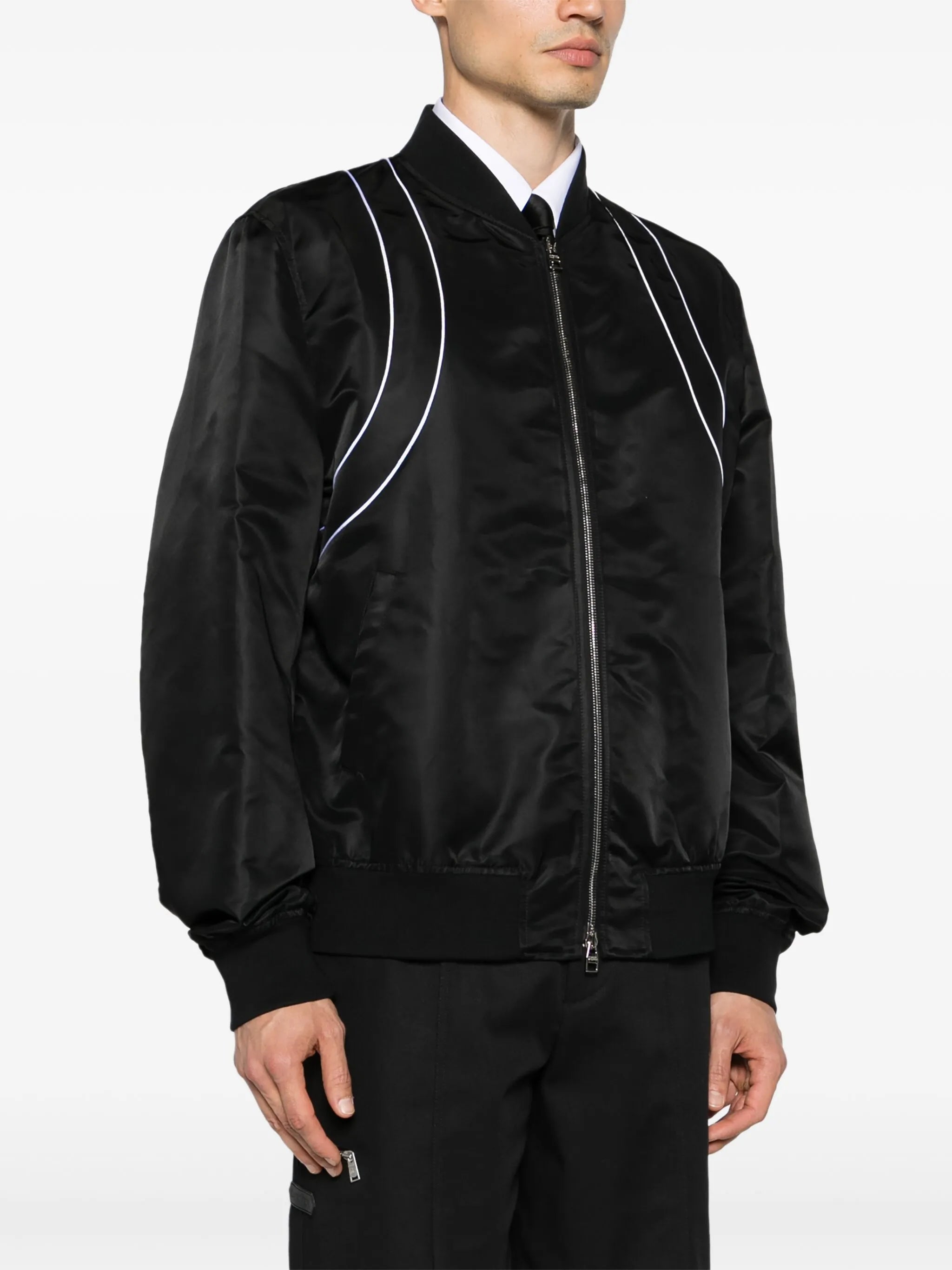 piped-trim zip-up bomber jacket