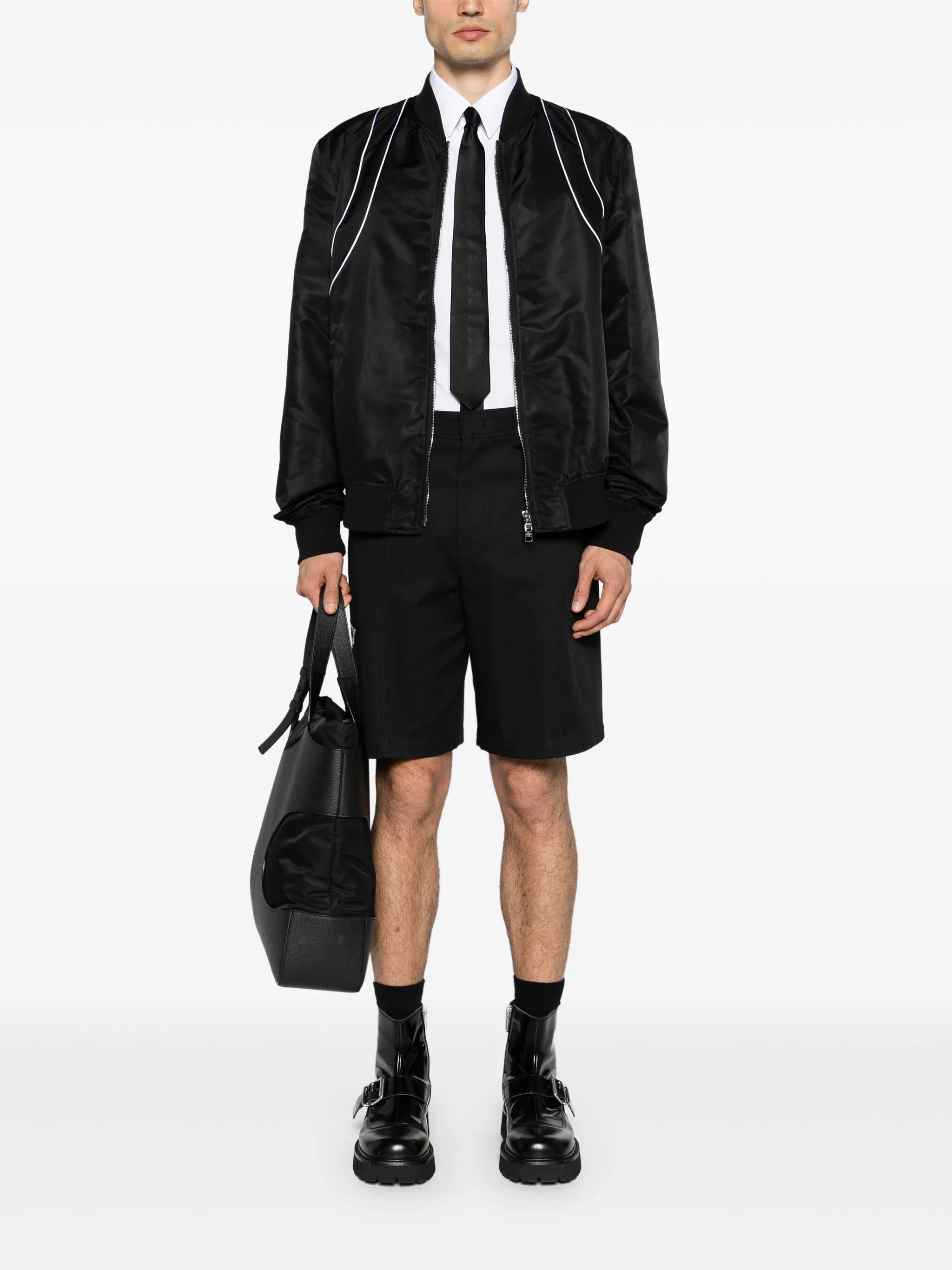 piped-trim zip-up bomber jacket