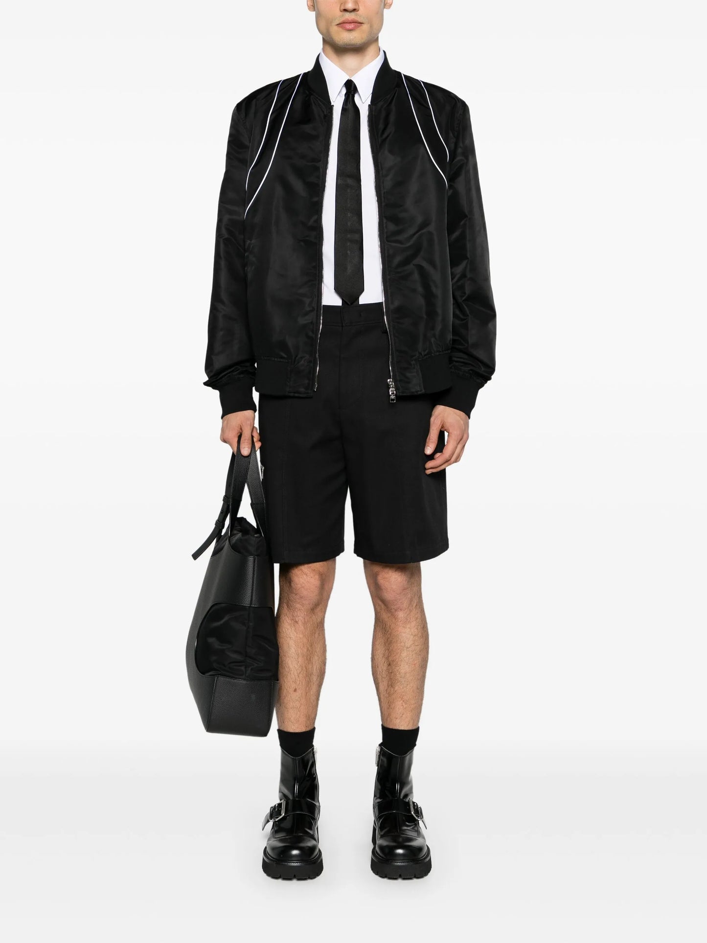 piped-trim zip-up bomber jacket