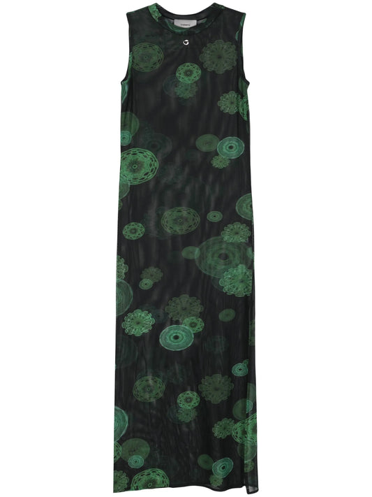cymatics-print mesh maxi dress