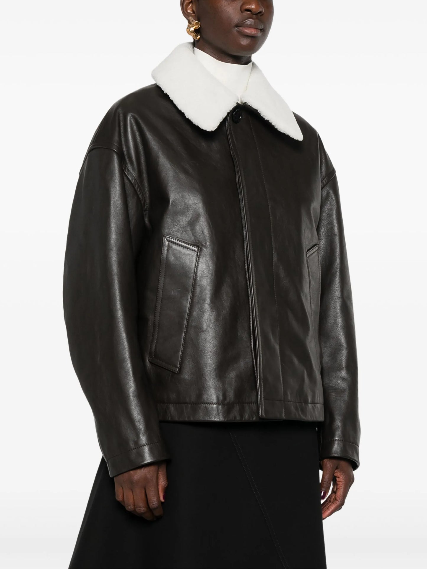 shearling-collar leather jacket