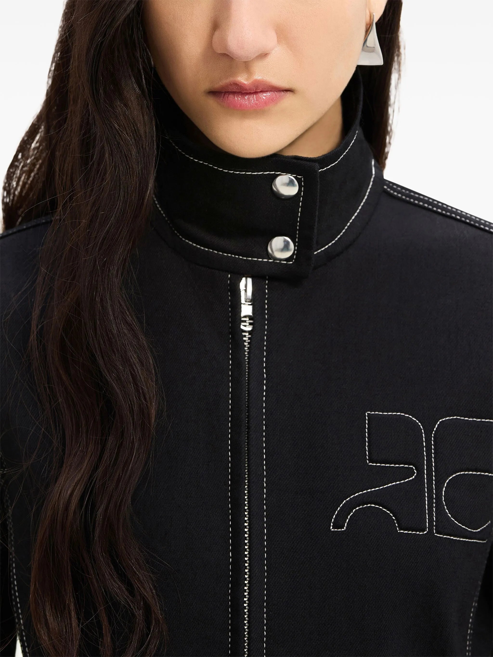 topstitched denim biker jacket