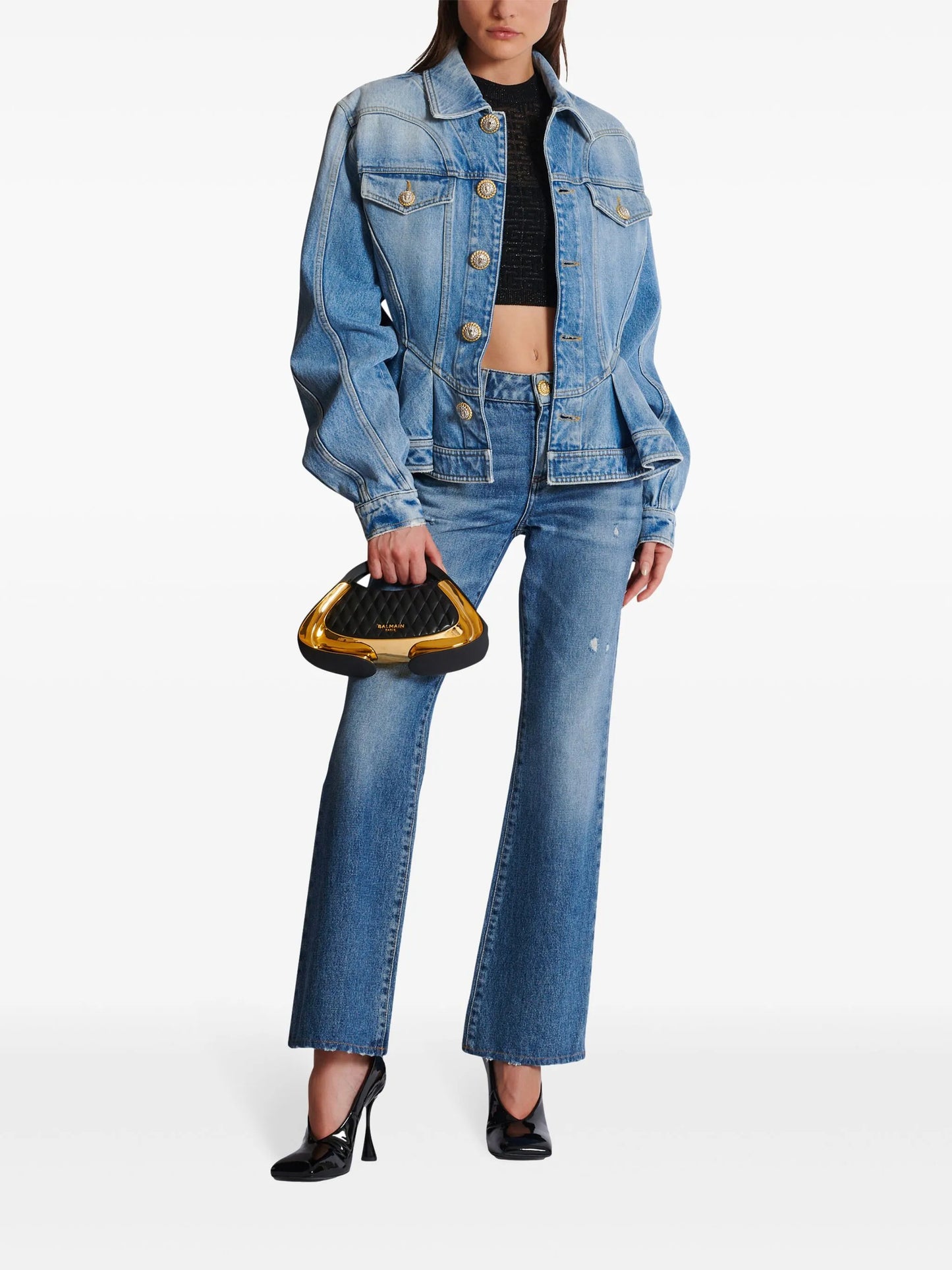 logo-buttons pleated denim blazer