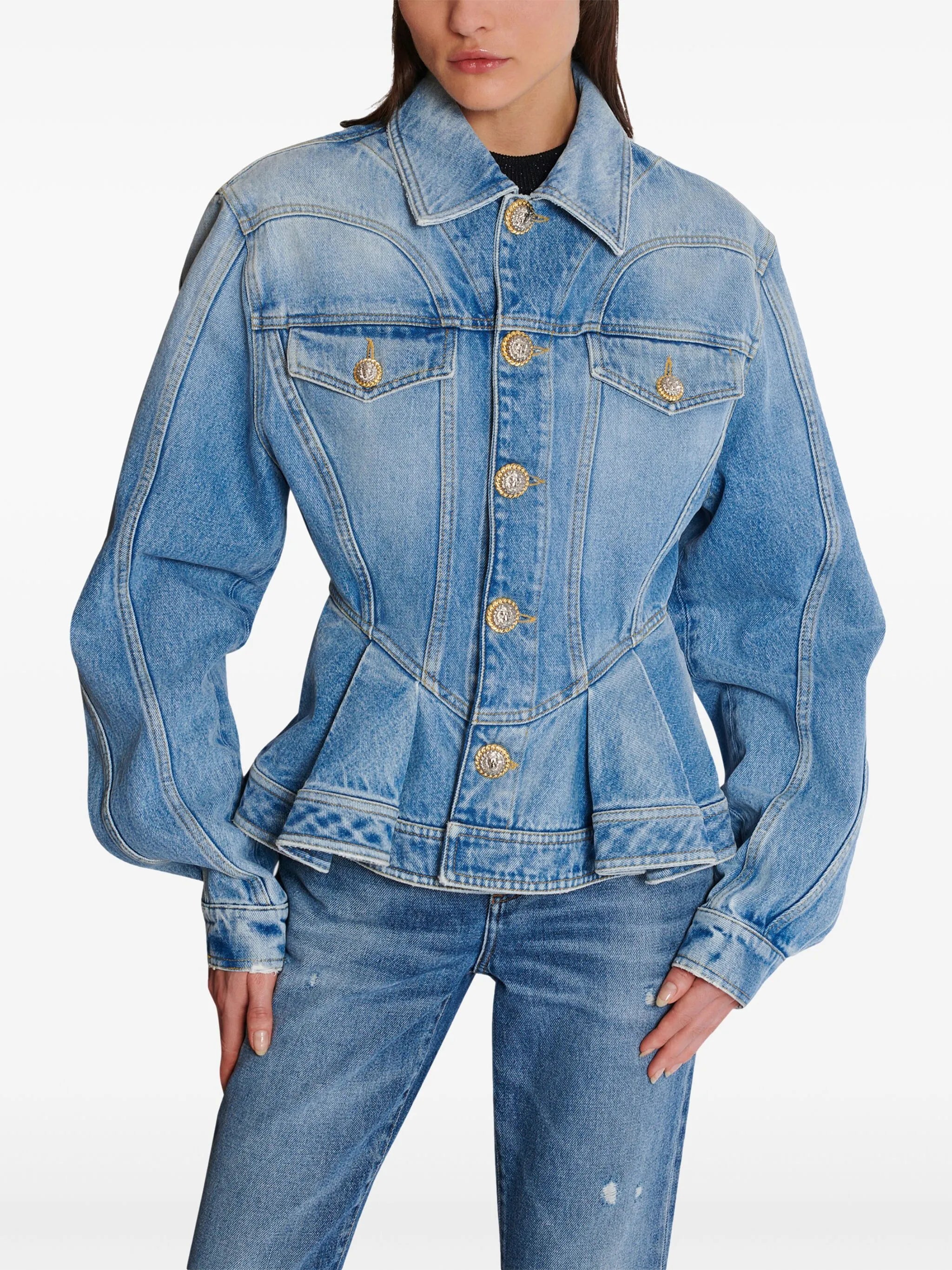 logo-buttons pleated denim blazer