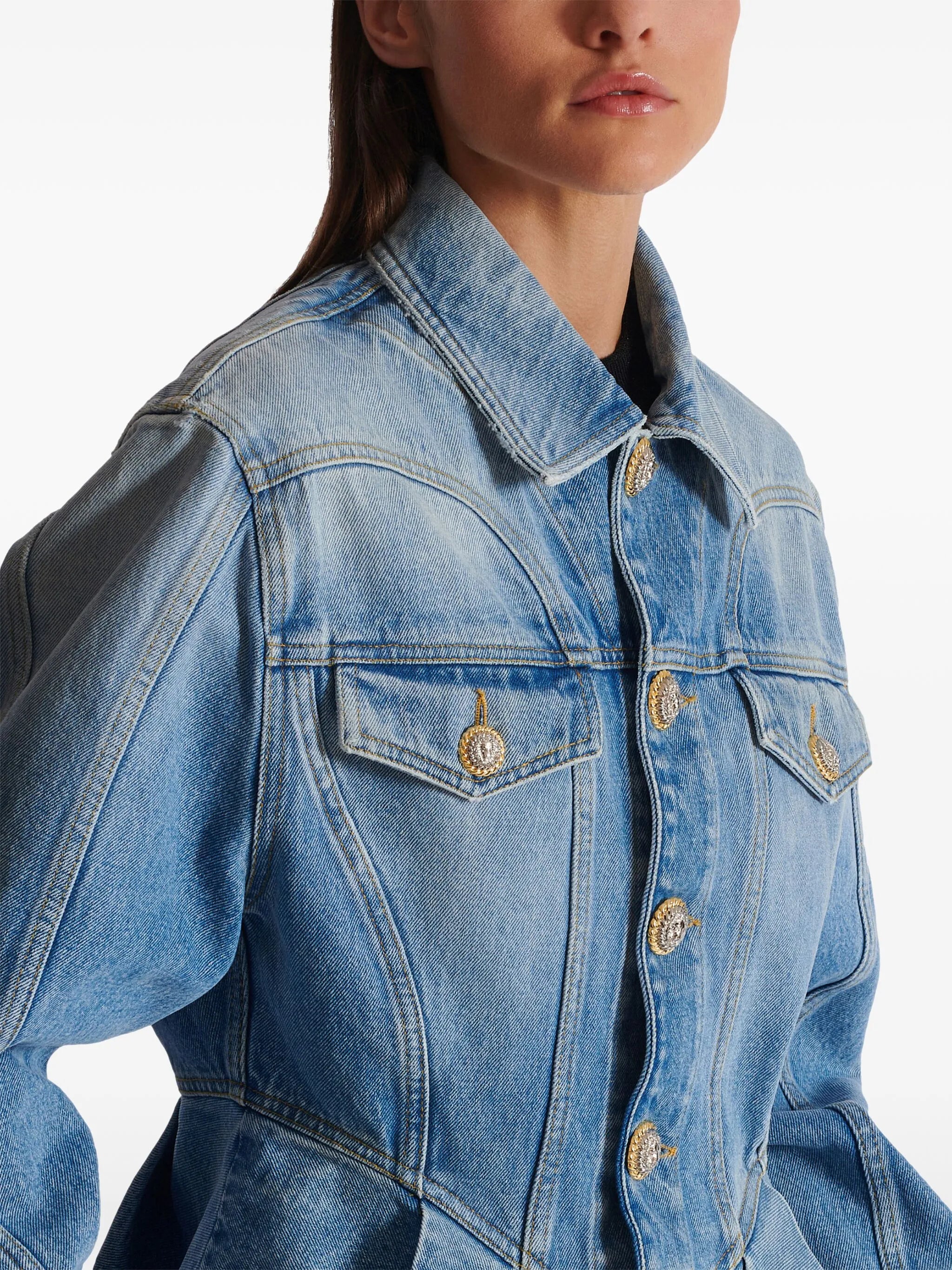 logo-buttons pleated denim blazer
