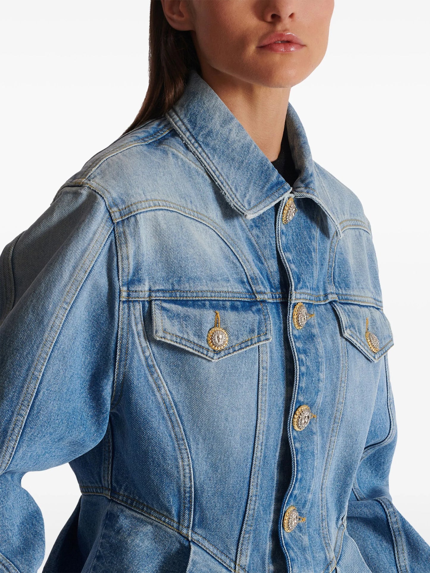 logo-buttons pleated denim blazer