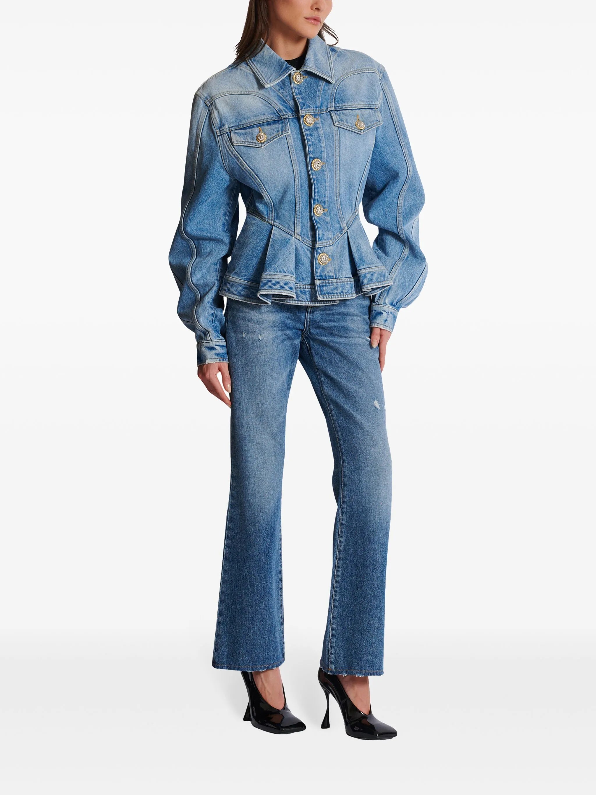 logo-buttons pleated denim blazer