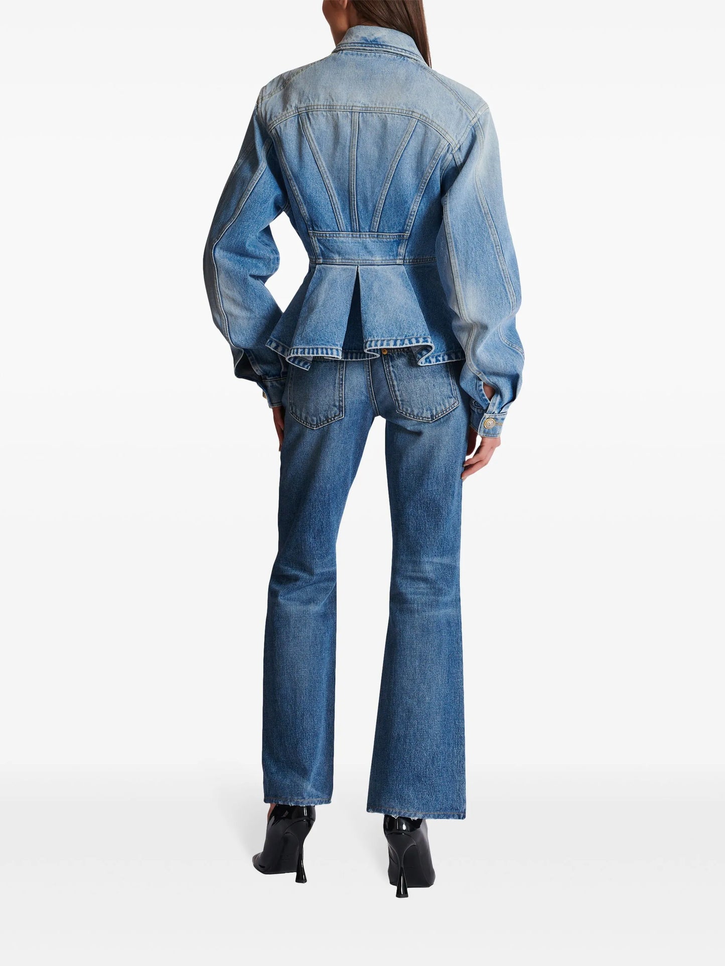 logo-buttons pleated denim blazer