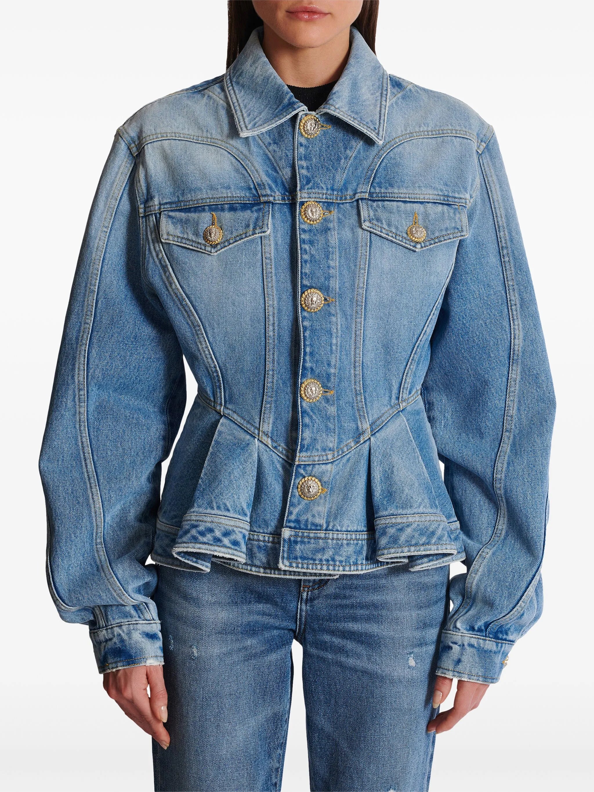 logo-buttons pleated denim blazer