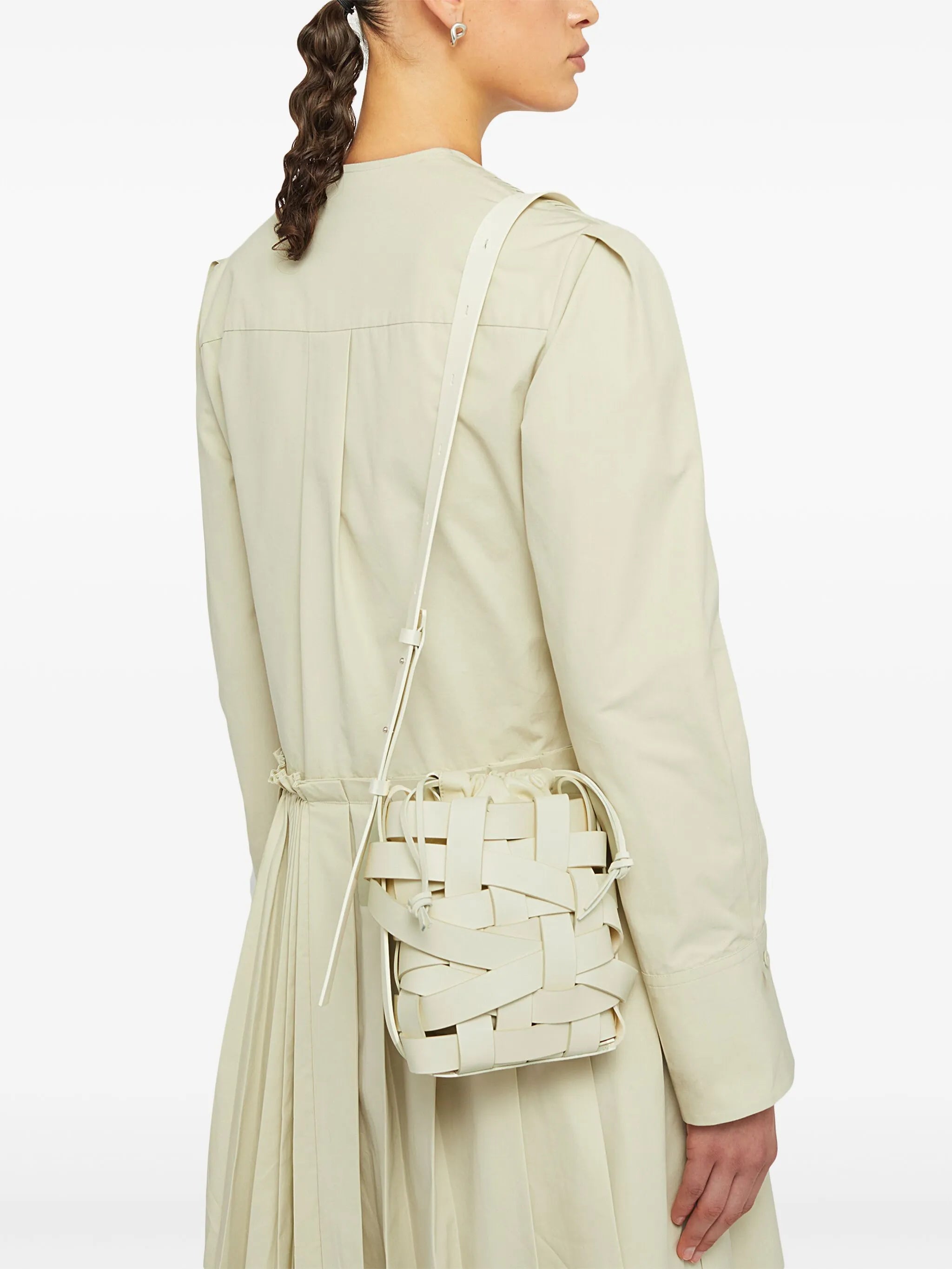 small woven leather bucket bag