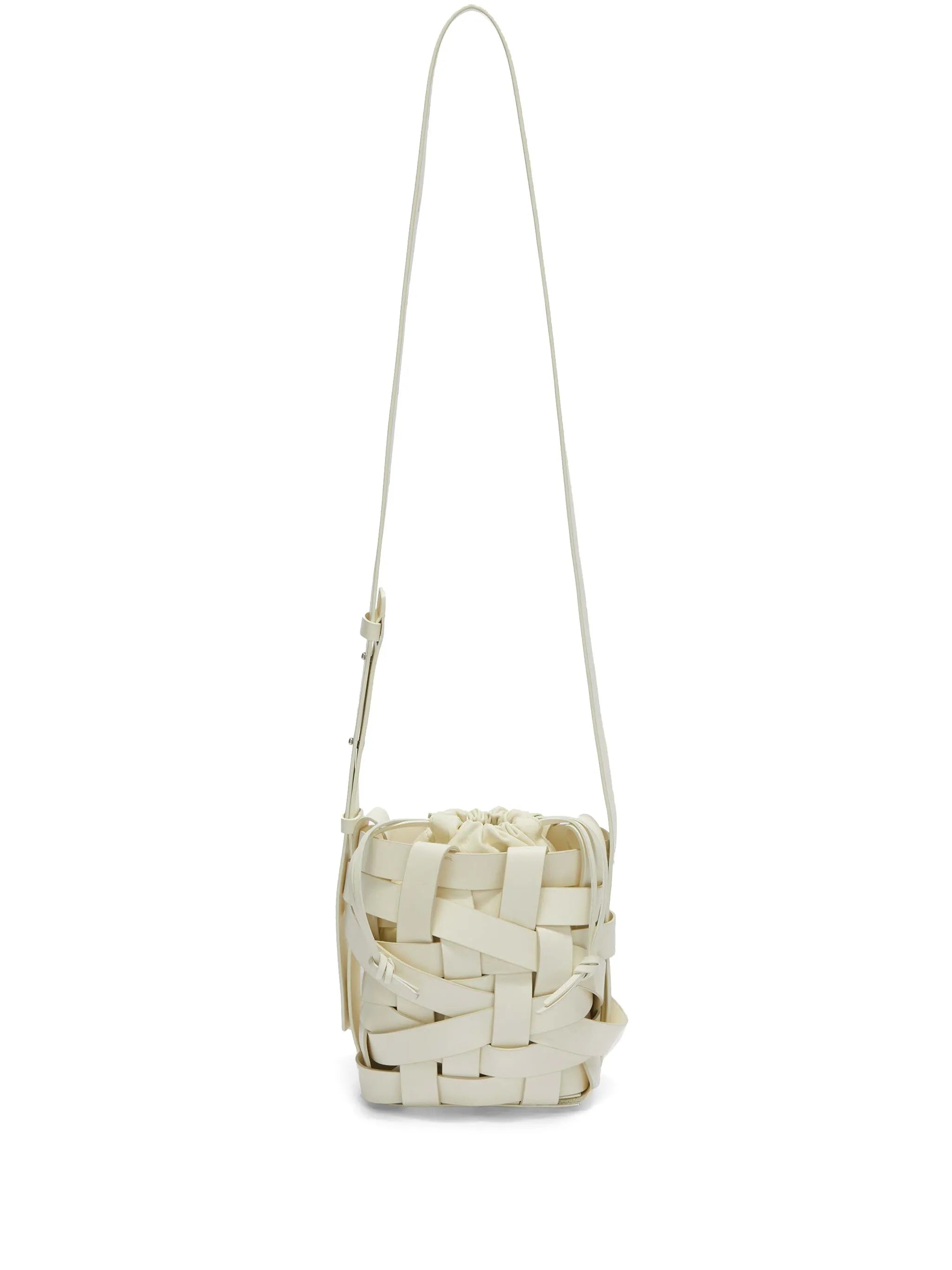 small woven leather bucket bag