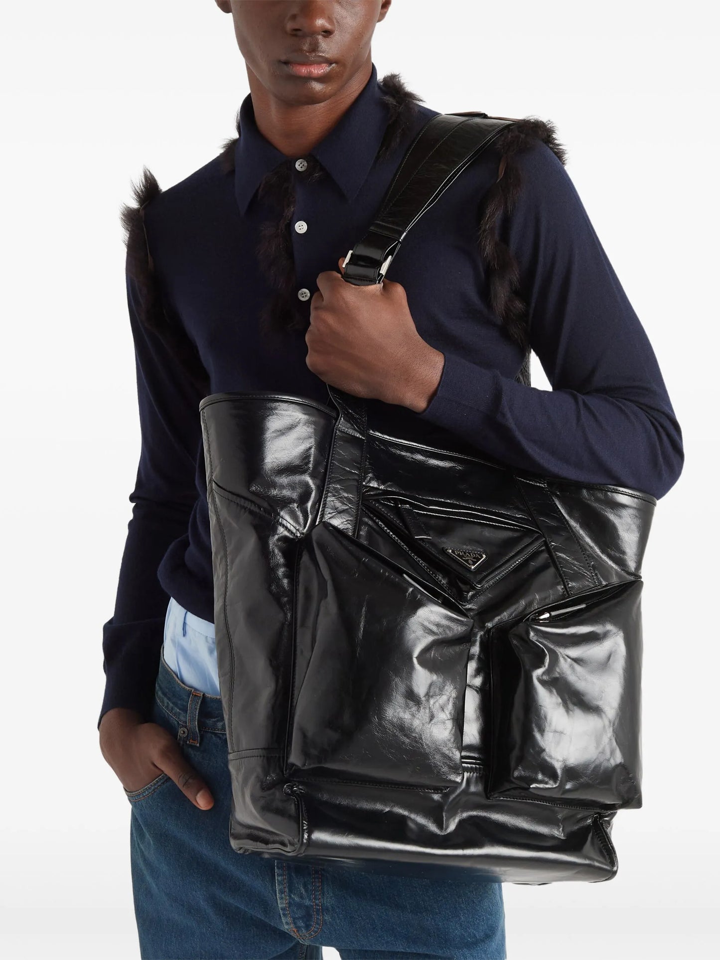 triangle-logo leather tote bag