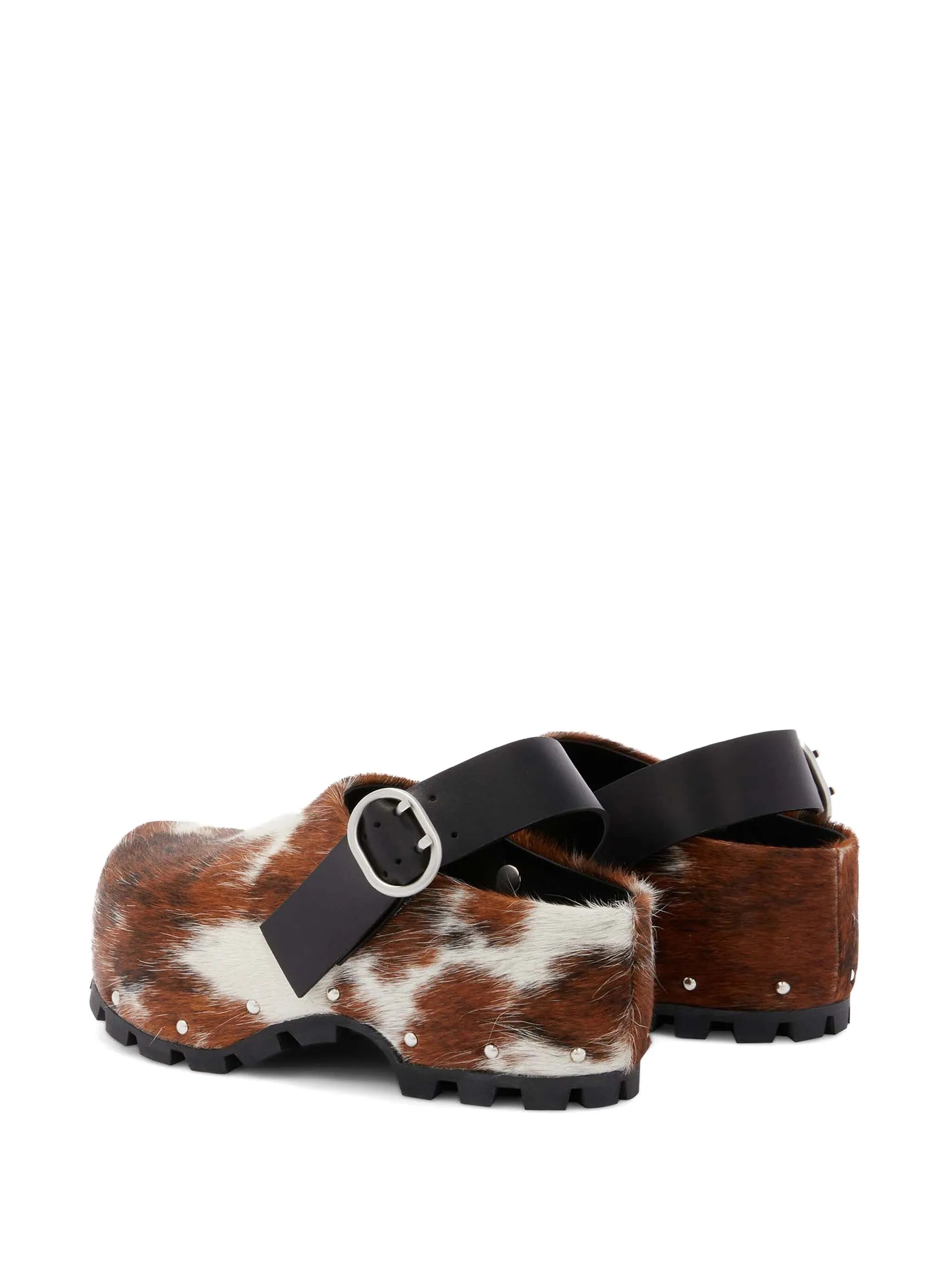 cow-print calf-hair clogs