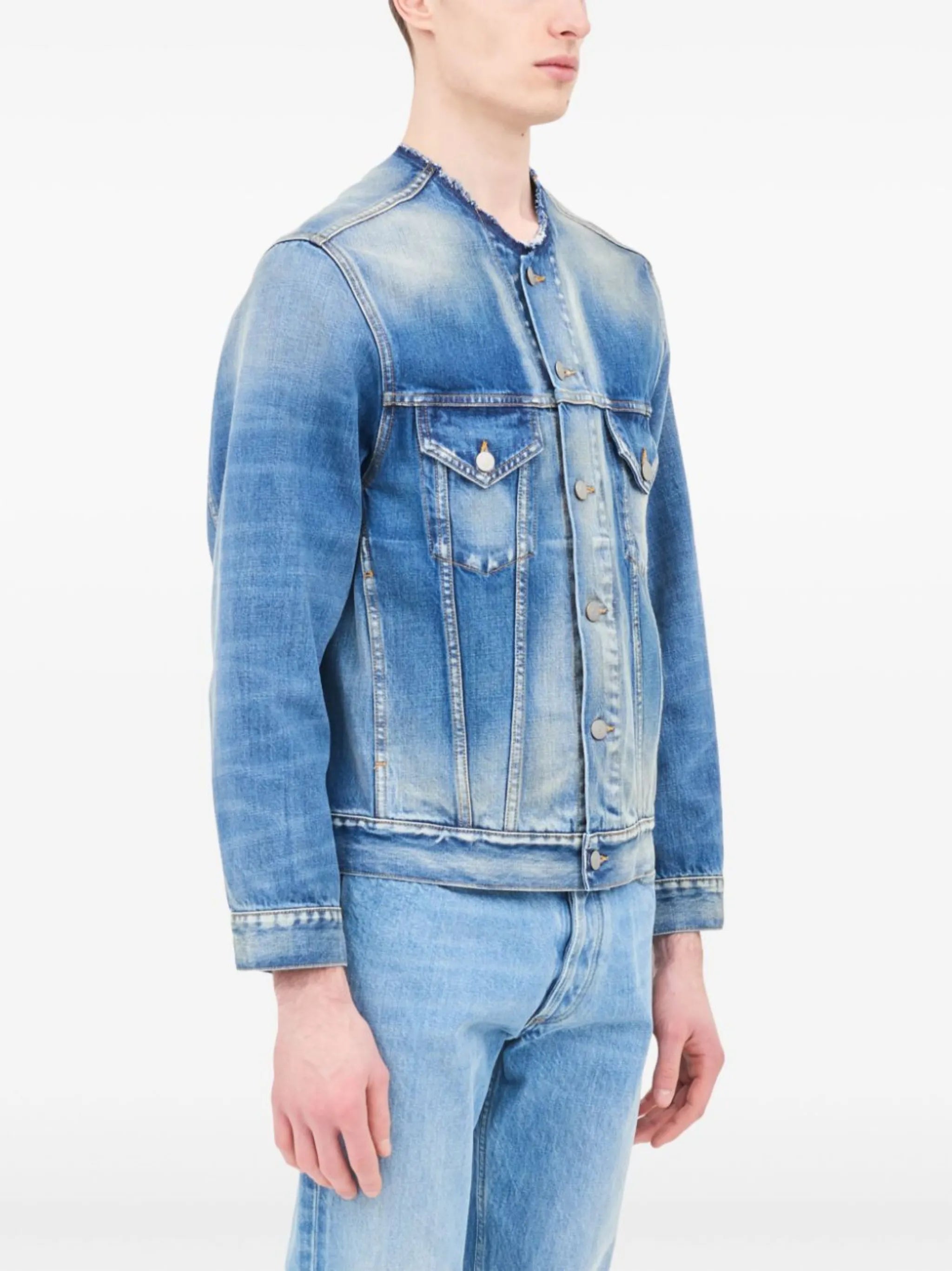 collarless denim jacket