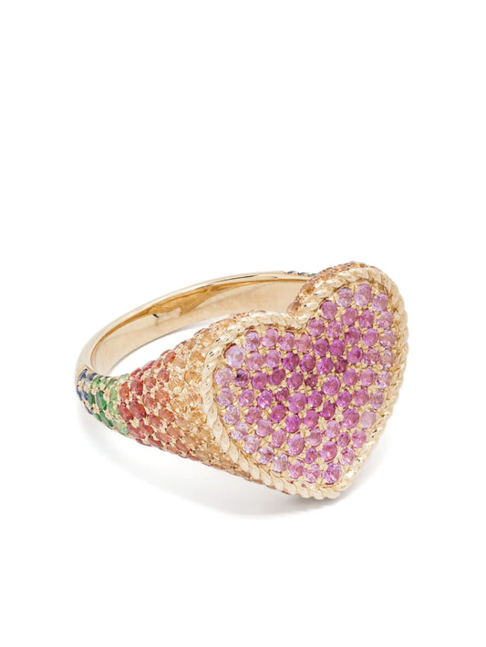 9kt yellow gold Heart Rainbow diamond signet ring