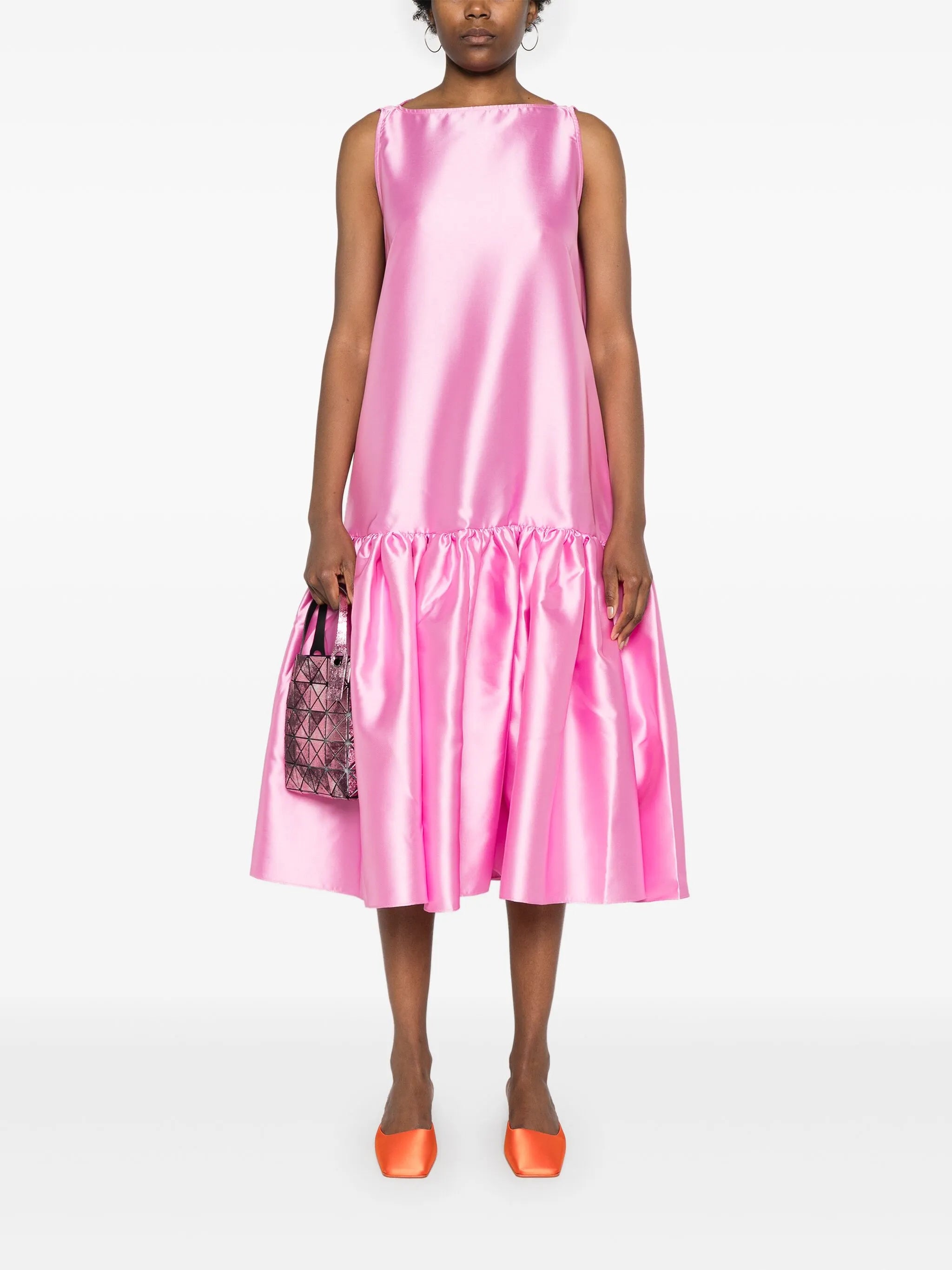 puff-hem satin midi dress