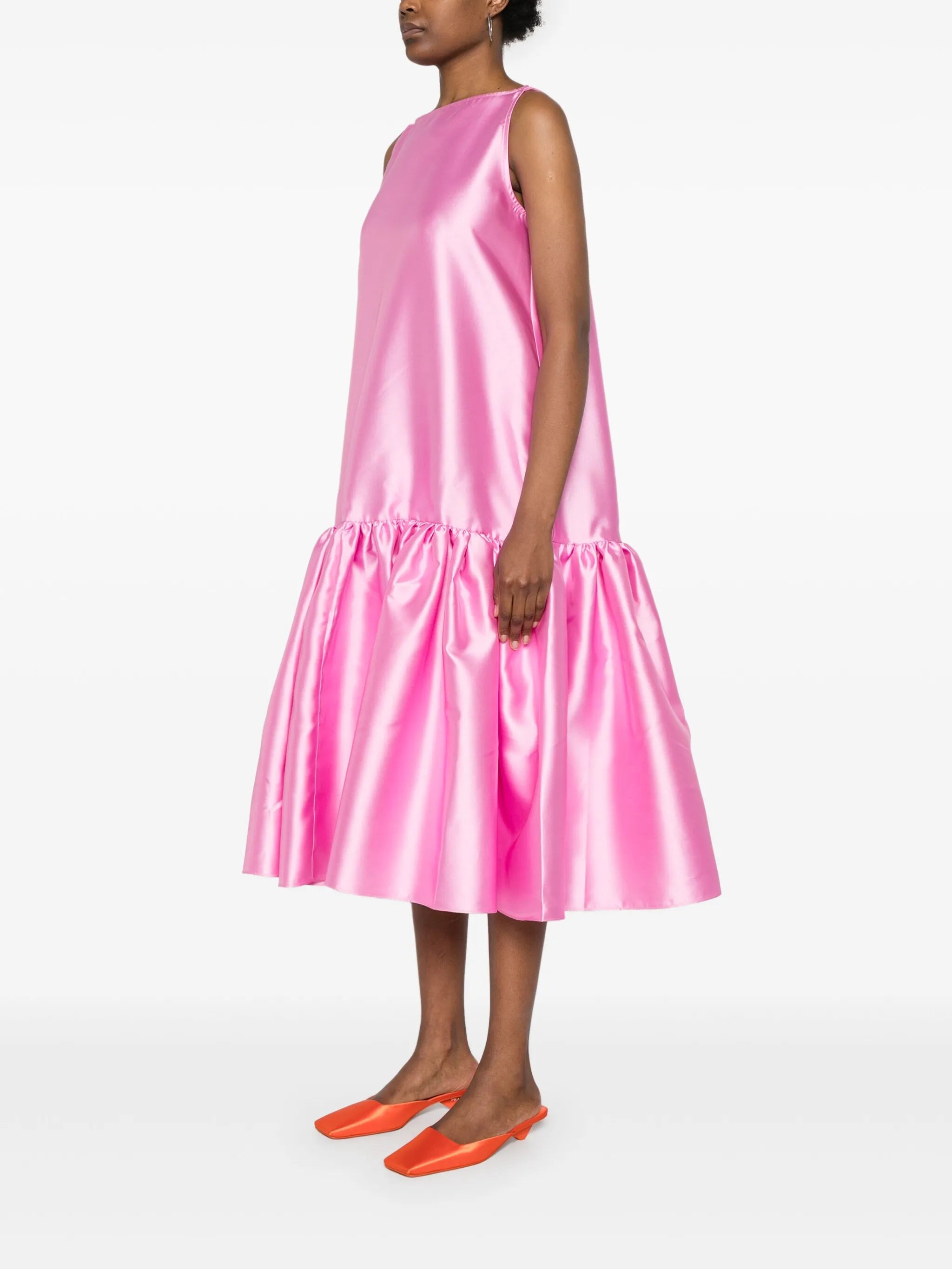 puff-hem satin midi dress