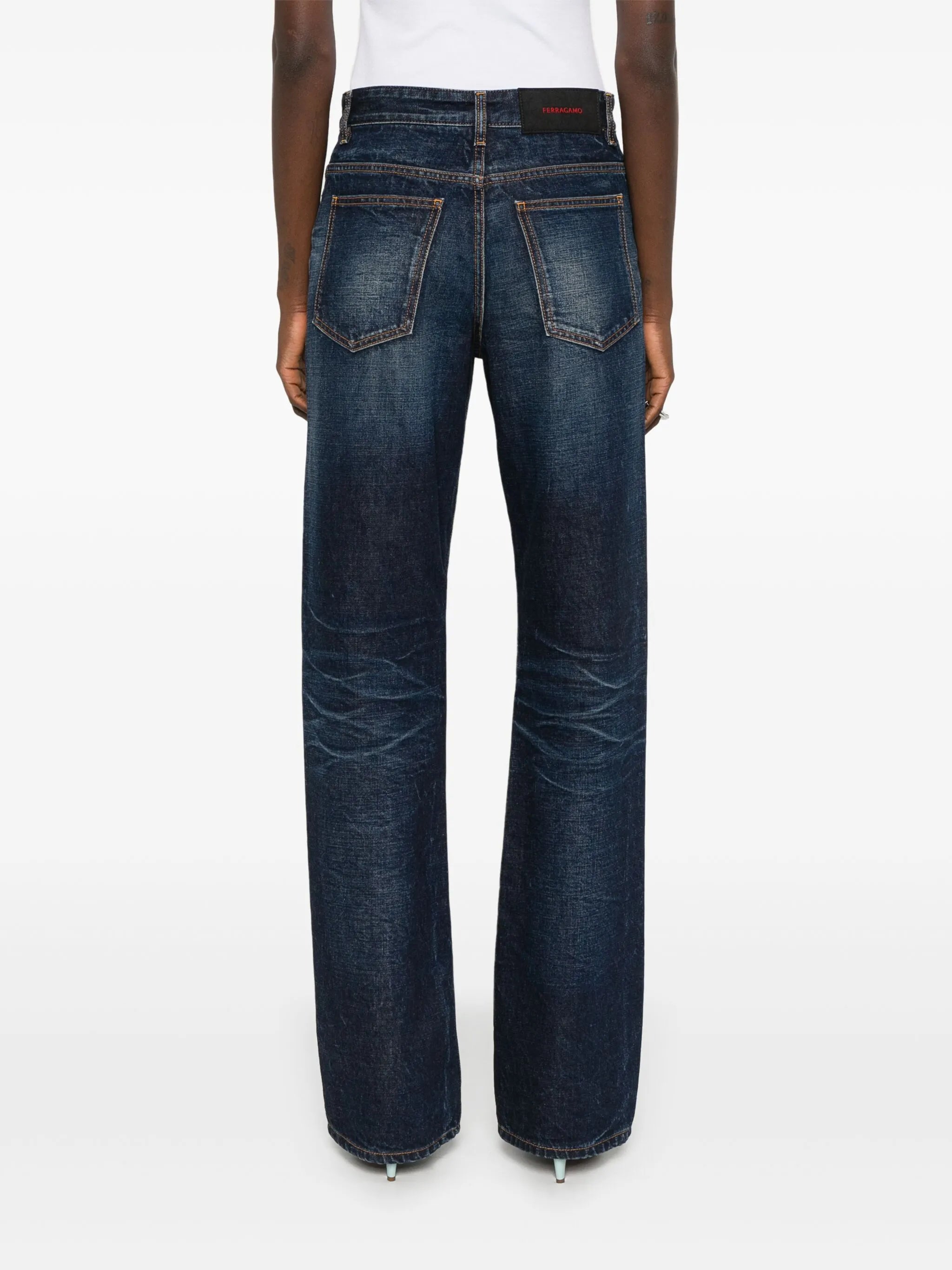 whiskered straight-leg jeans