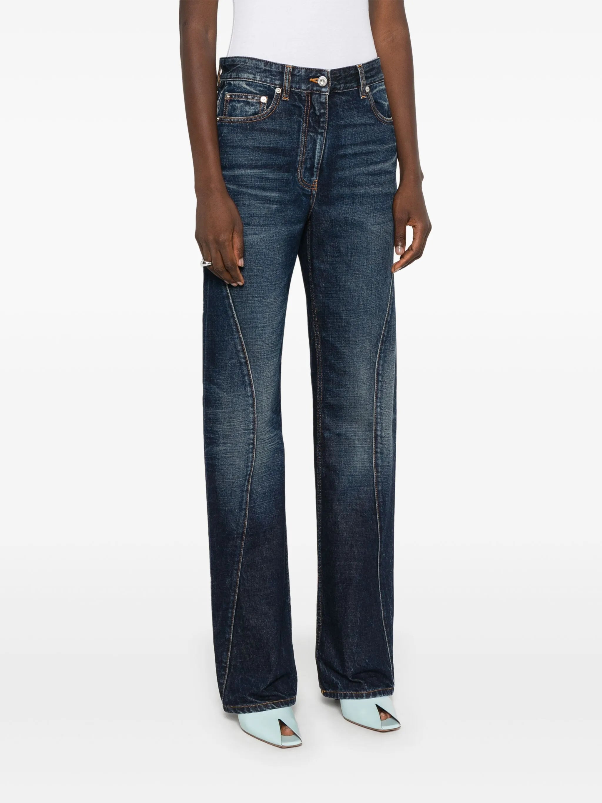 whiskered straight-leg jeans