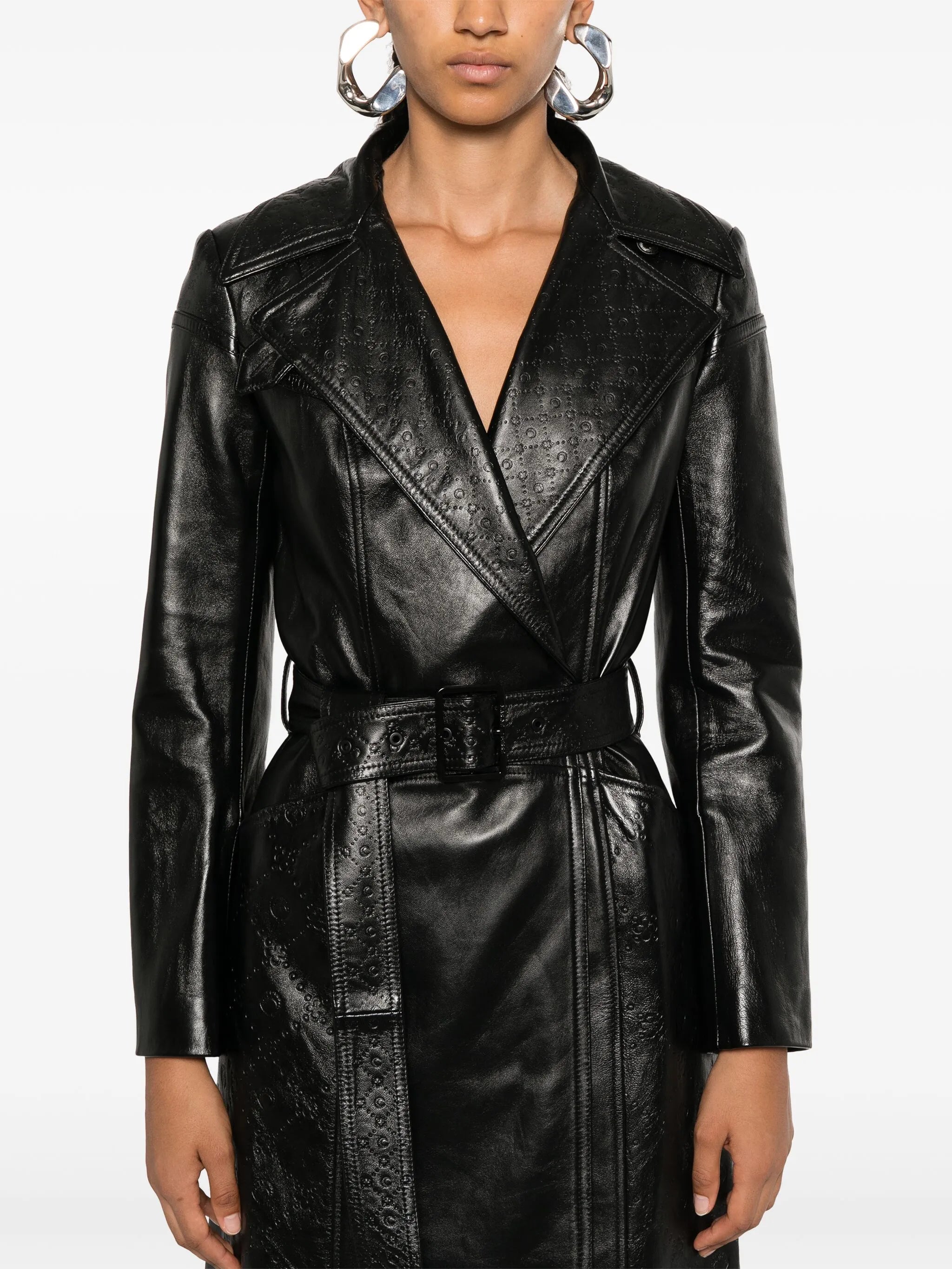 Moonogram leather trench coat