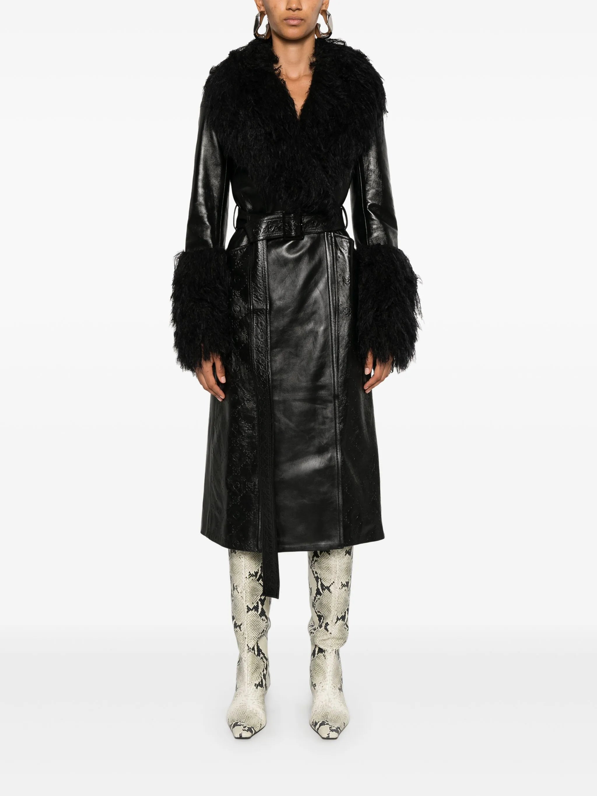 Moonogram leather trench coat