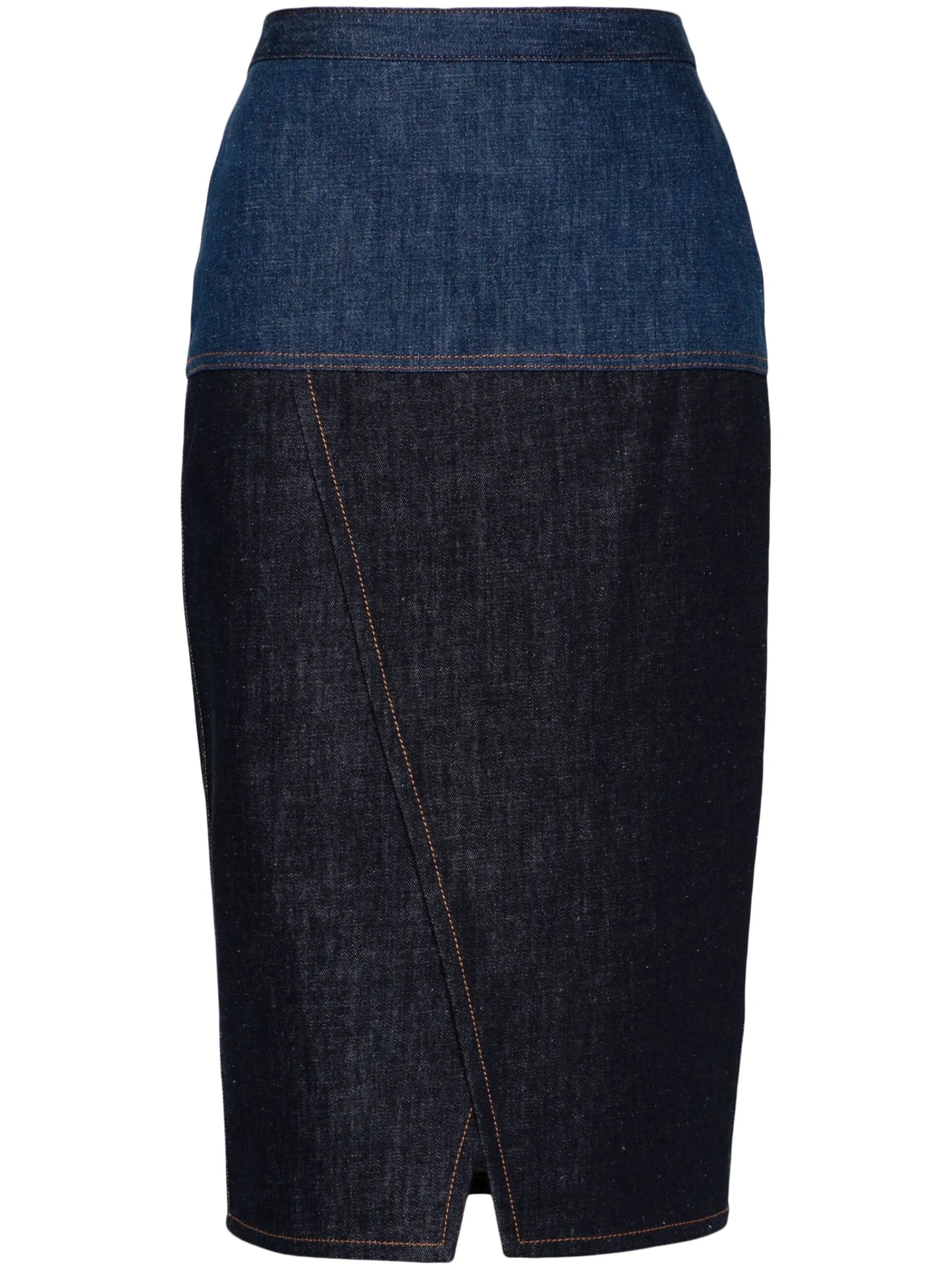 two-tone denim midi skirt