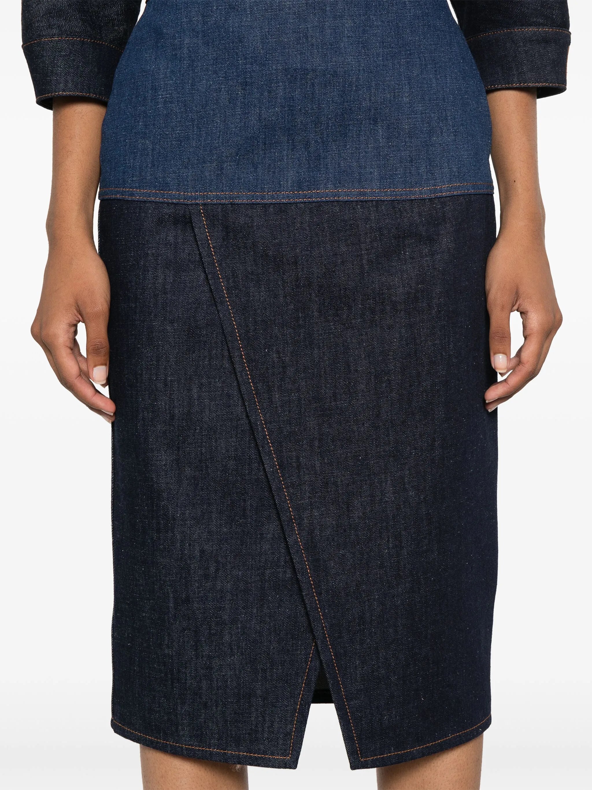 two-tone denim midi skirt