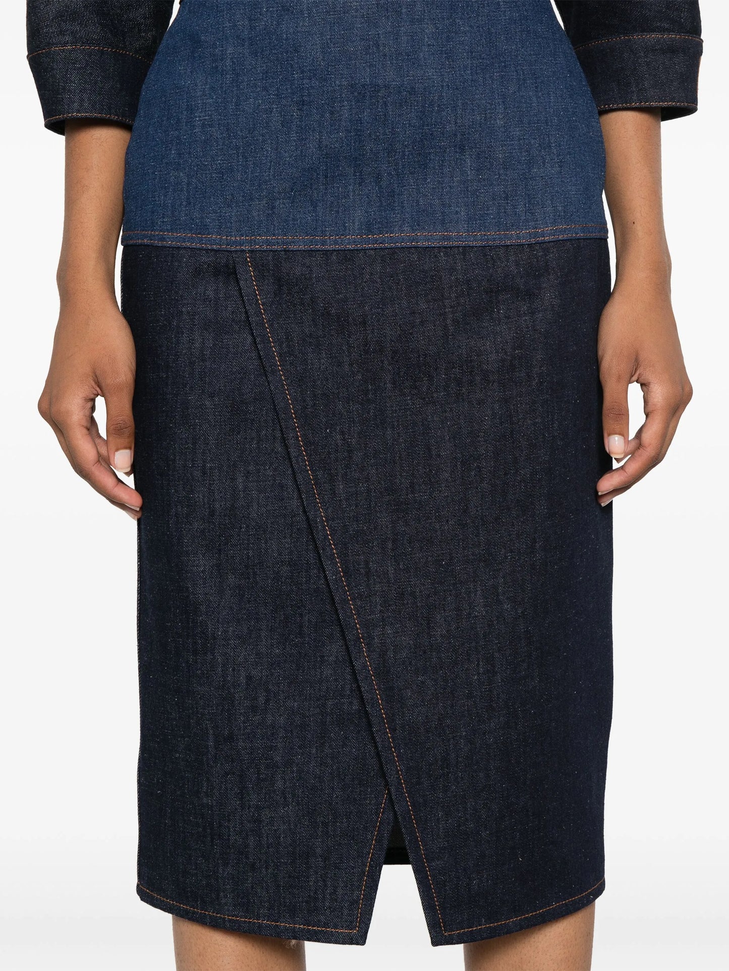 two-tone denim midi skirt