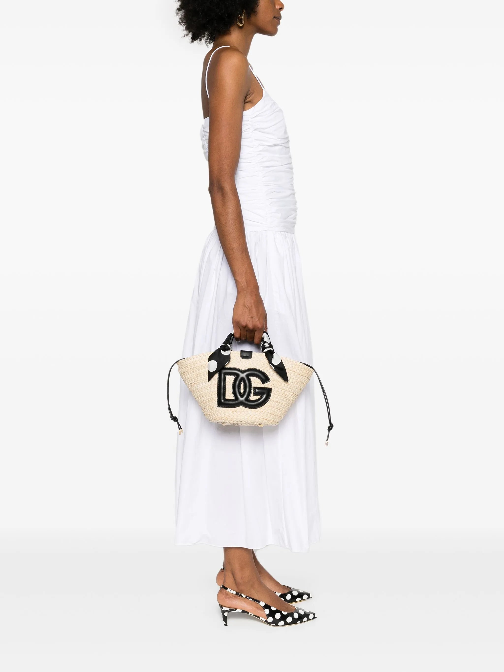 logo-appliqué straw bucket bag