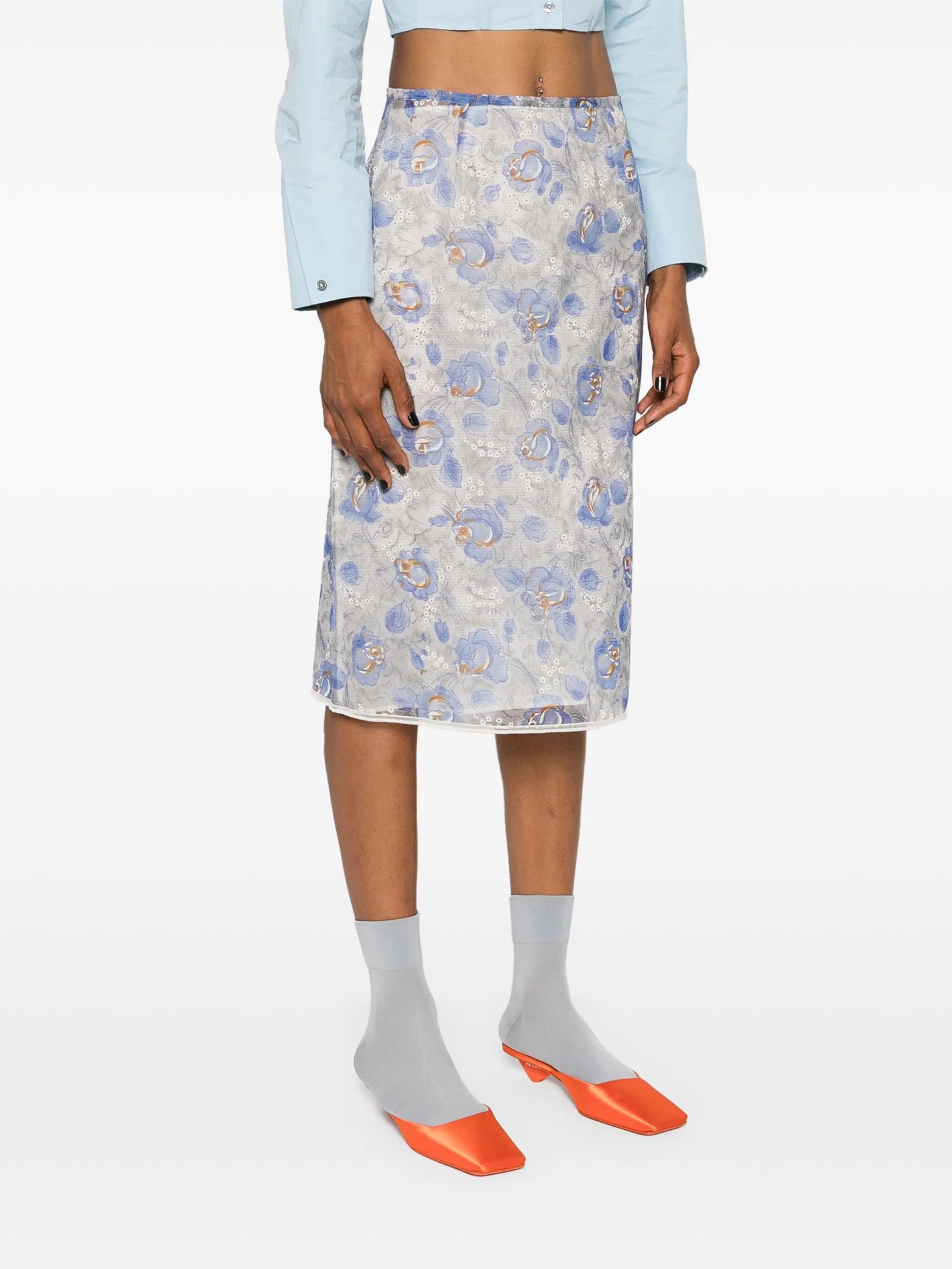 floral-print sheer pencil skirt