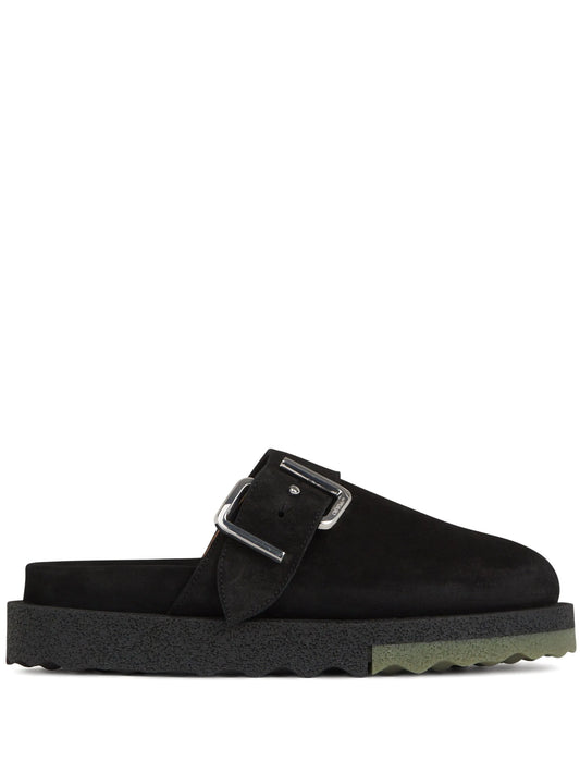 Black Buckle Detail Suede Slippers