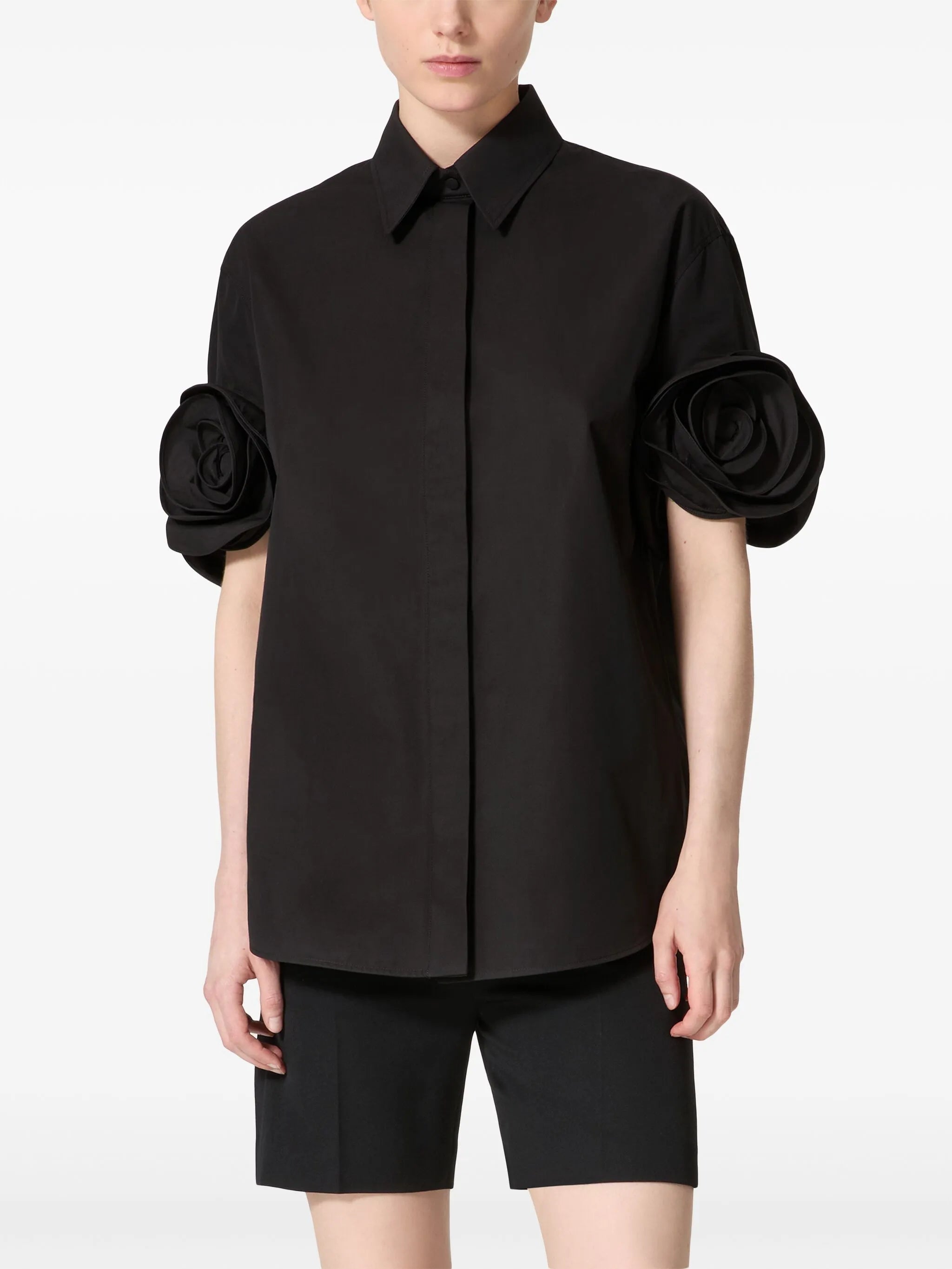 rose-appliqué shirt