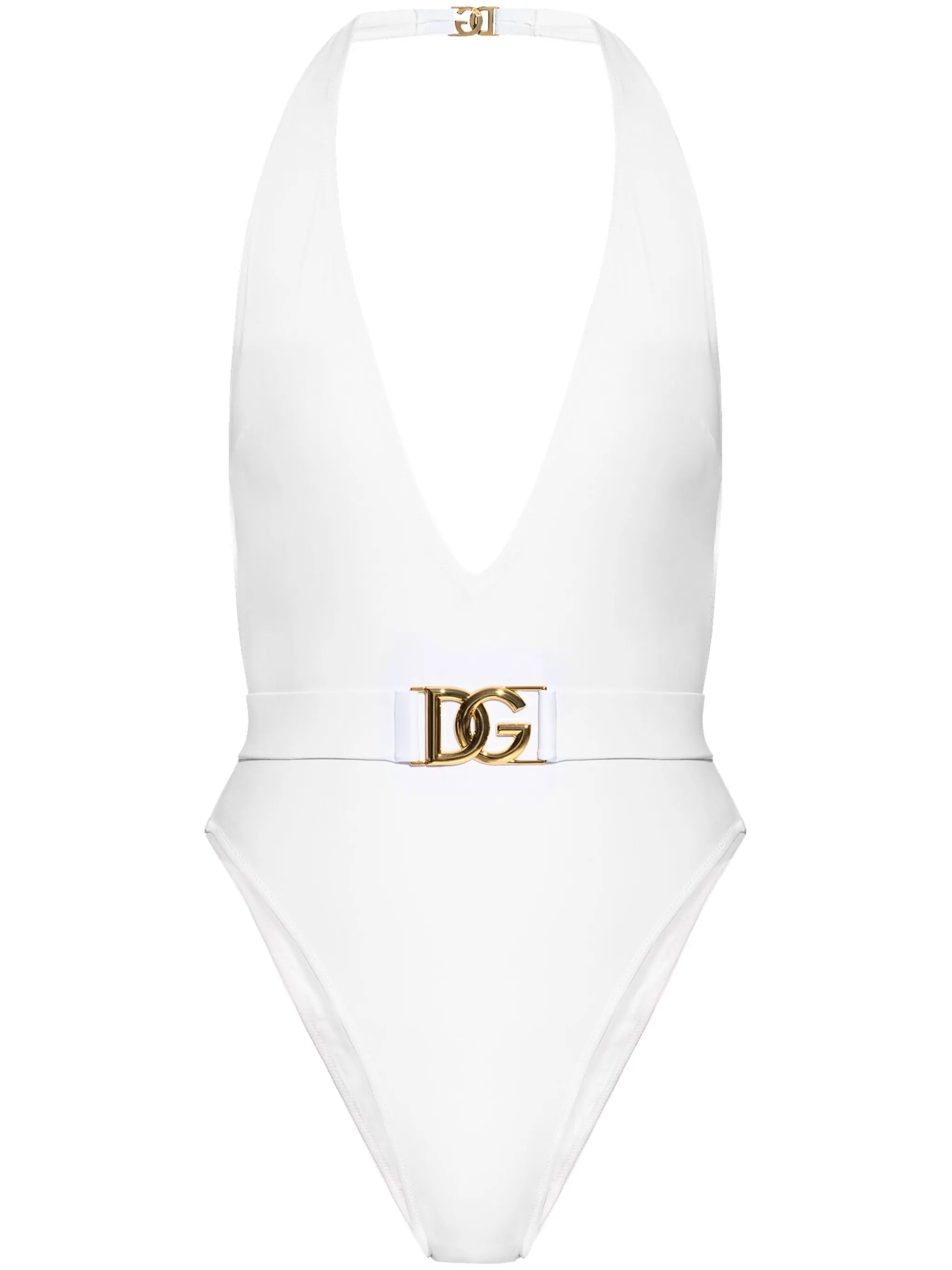 plunge-neck belted swimsuit