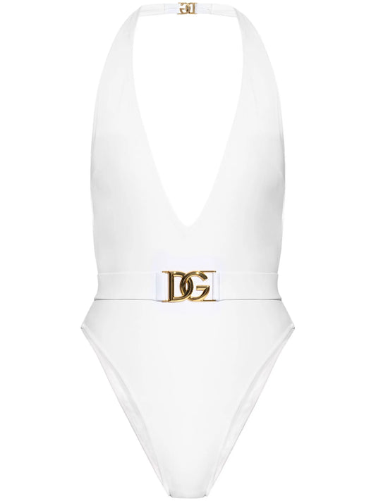 plunge-neck belted swimsuit