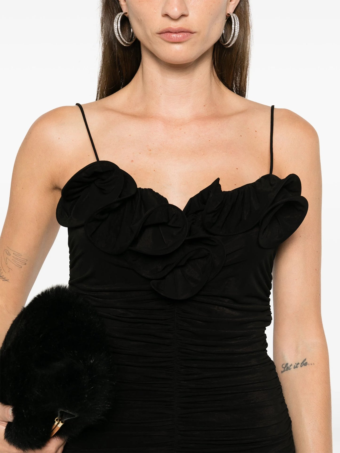 ruched ruffle midi dress